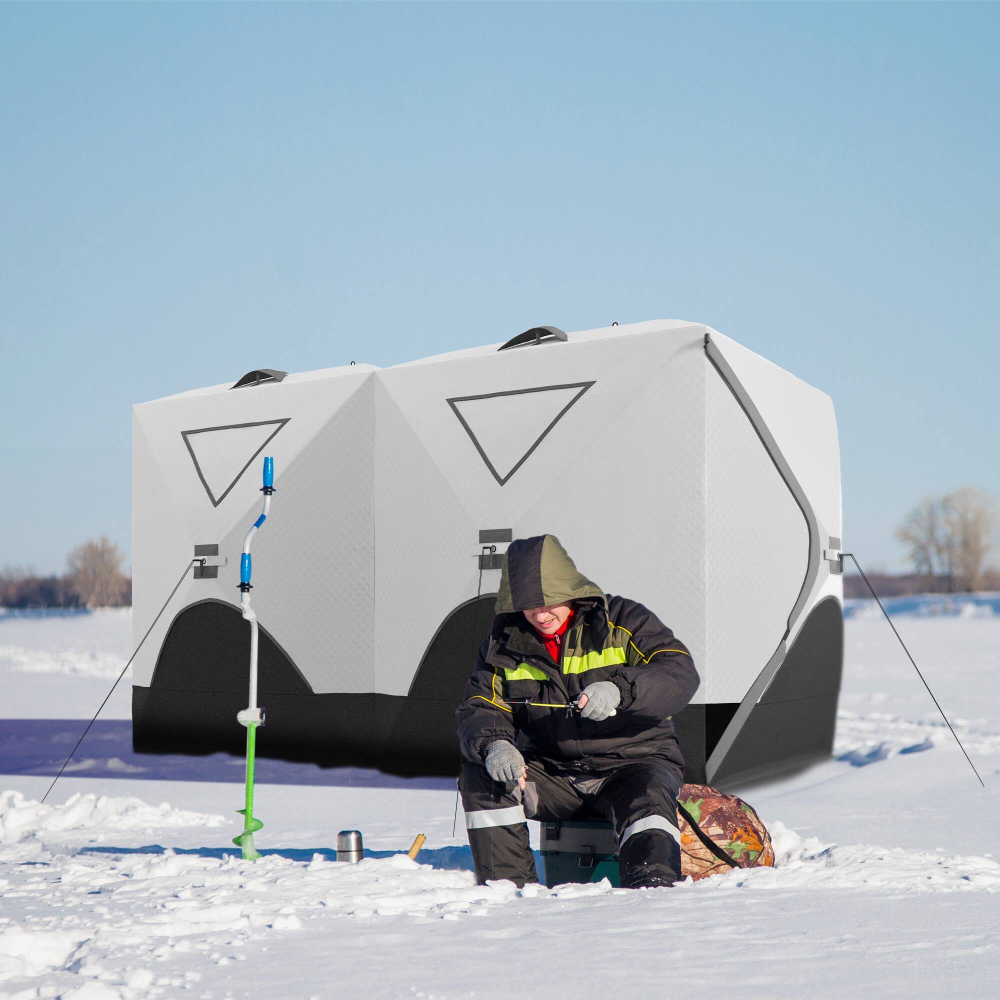 Alt View 7. Outsunny - Person Ice Fishing Shelter, Pop-Up Ice Shanty Tent, Insulated Portable Tent with 2 Doors & Carrying Bag - Light Gray.