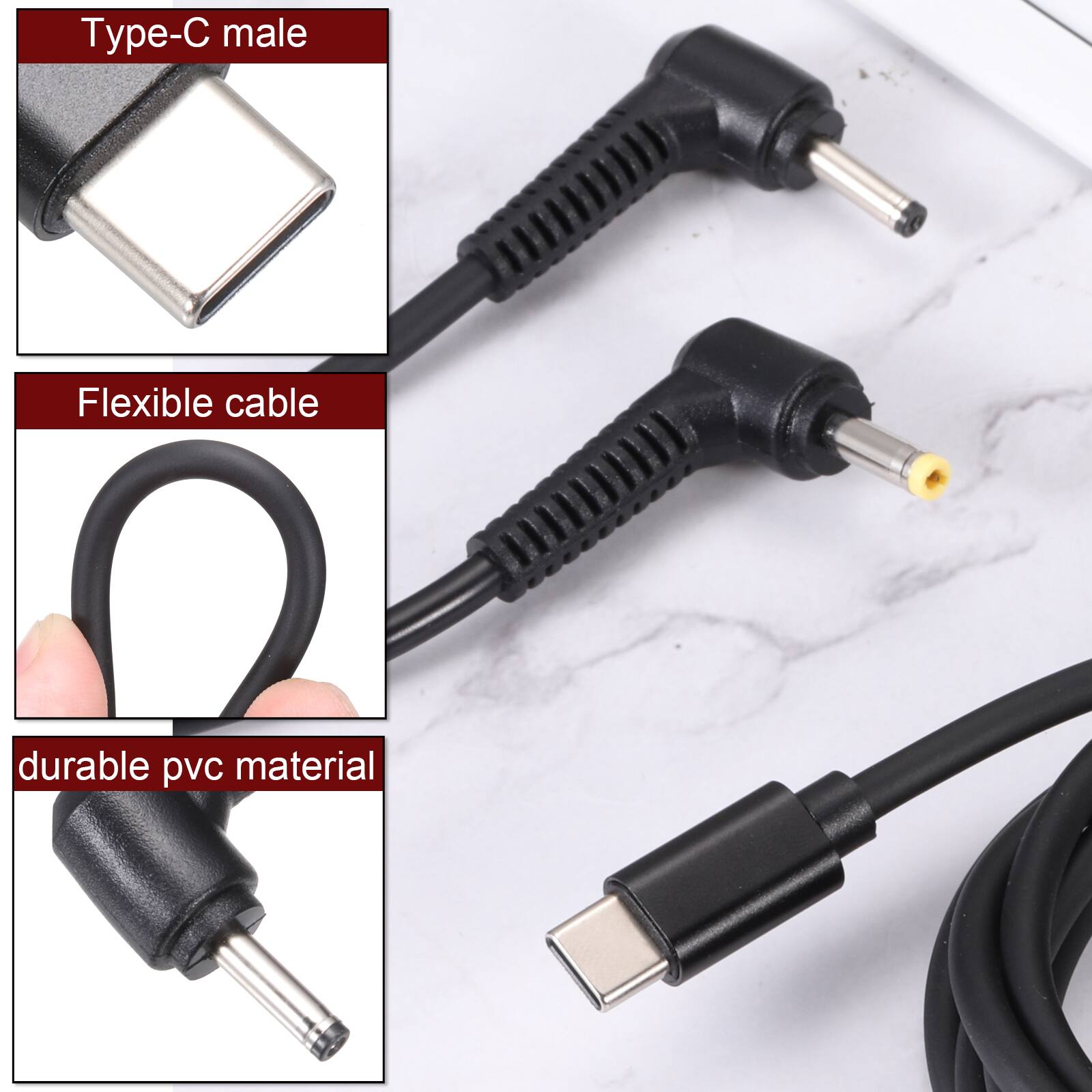 Type-C male  
Flexible cable  
Durable PVC material