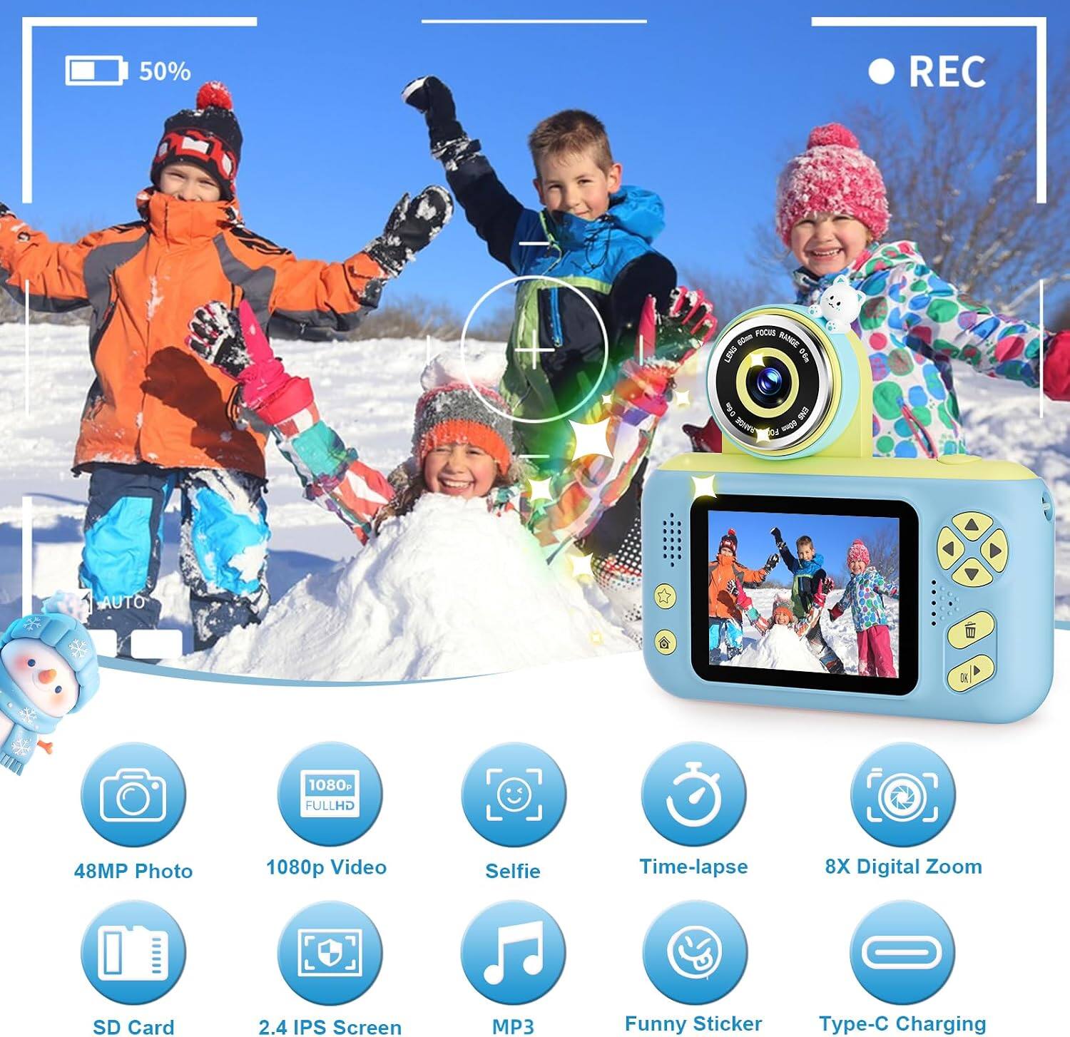 50%
REC
FOCUS 60mm RANGE LEAS
36s 2345 RANGE OT gOnn
AUTO
OK
1080 FULLHD
48MP Photo
1080p Video
Selfie
Time-lapse
8X Digital Zoom
SD Card
2.4 IPS Screen
MP3
Funny Sticker
Type-C Charging