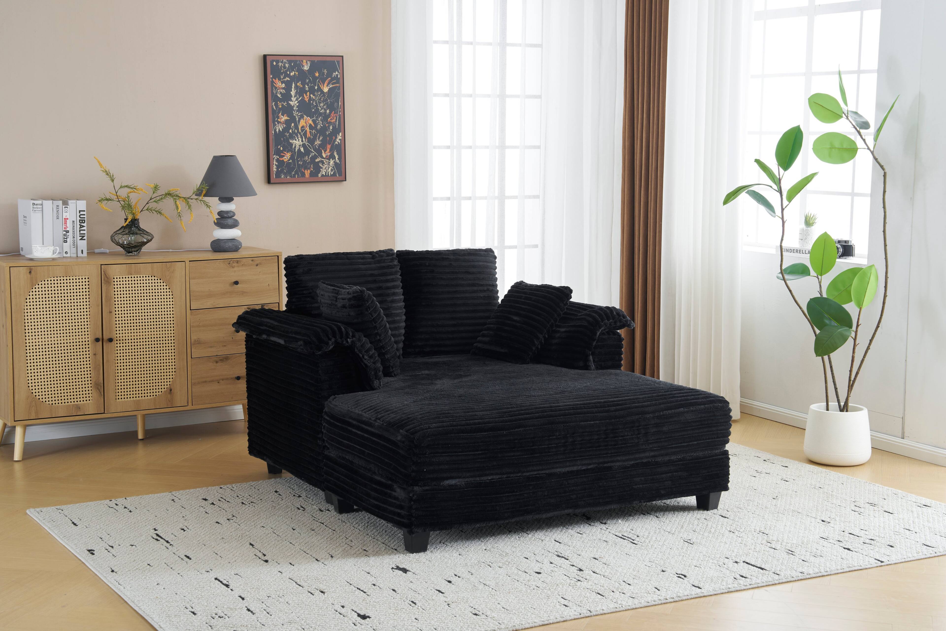 Winado - 55.9"W × 59.4"D × 33.9"H Oversized Corduroy Chaise Sofa Recliner Bed Chaise Lounge Chair Upholstered Comfy Sleeper Couch - Black
