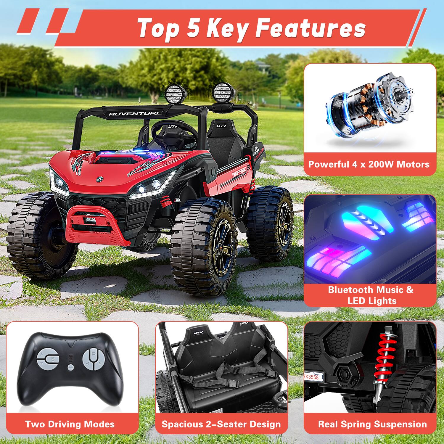 Top 5 Key Features

- Powerful 4 x 200W Motors
- Bluetooth Music & LED Lights
- Two Driving Modes
- Spacious 2-Seater Design
- Real Spring Suspension