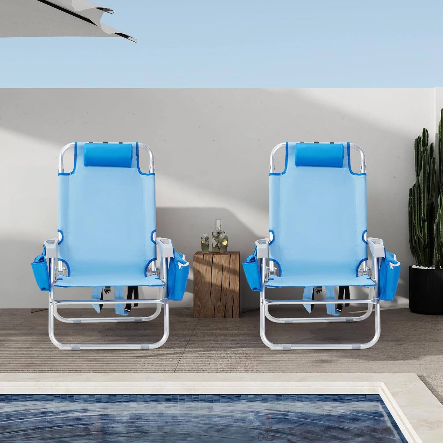 Alt View 5. Winado - 2PCS Folding Backpack Beach Chair Portable with 5-Position, Cup Holders, Cooler Bag, Towel Bar for Outdoor Beach Camping - Light Blue.