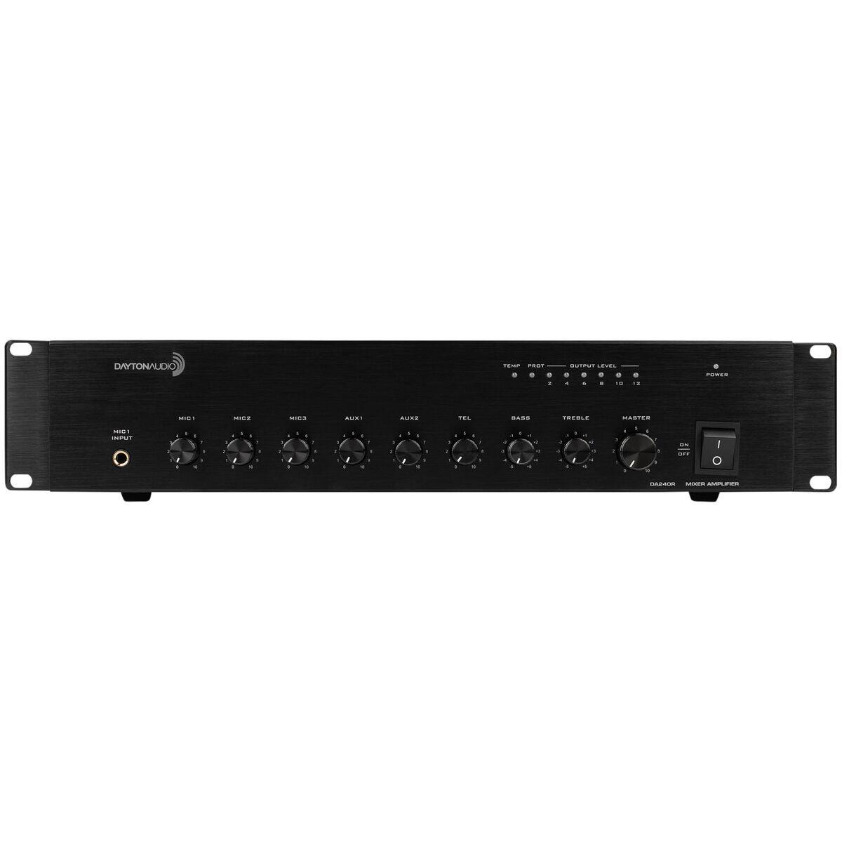 DAYTONAUDIO

TEMP PROT 0 0 ..
OUTPUT LEVEL 0 0 0 0 A 0 : 10
0 vol
POWER
MIC1
MIC2
MIC3
AUX1
AUX2
TEL
BASS
TREBLE
MASTER
MIDI INPUT
-
a
10
-
& R g
4 .
.
1
I
I 1
Y 1
1
,
- x
:
4
- 11
--
- -
-
- x
..
4 5
-
a
Y :)
0 1
I
-
a  9 +
. -
- / -
- 9
ON OFF
I O
DA24OR MIXER AMPLIFIER