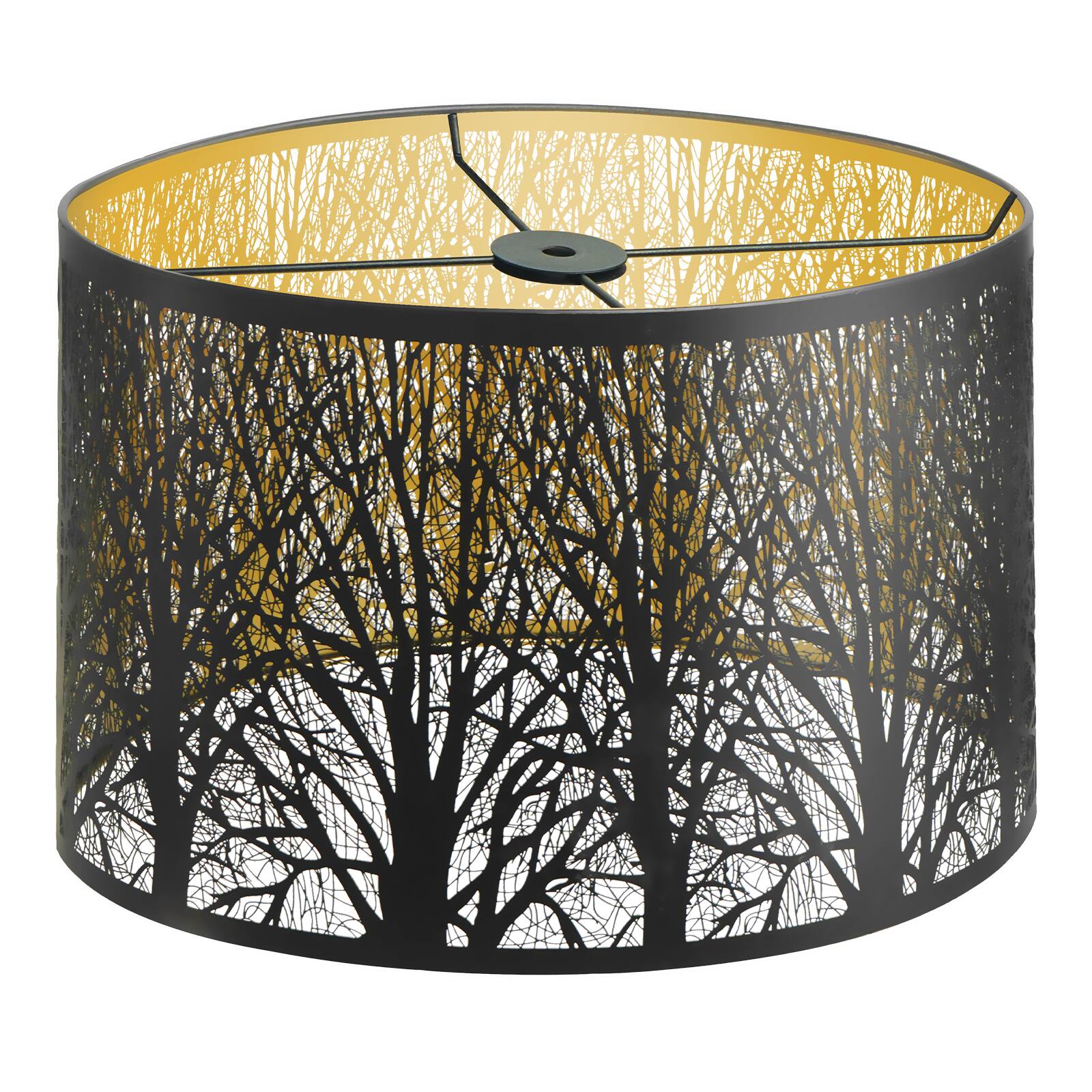 Front. Alucset - Metal Lampshade, Large Lamp Shade for Table Floor Lamps, Oval Shade, Etched Forest Gothic Style Replacement Lamp Shade - Black & Gold.