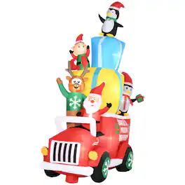 TinyHomie - Outsunny 9ft Christmas Inflatable Santa Gift Car Elk Elf Penguins LED Decor - Red