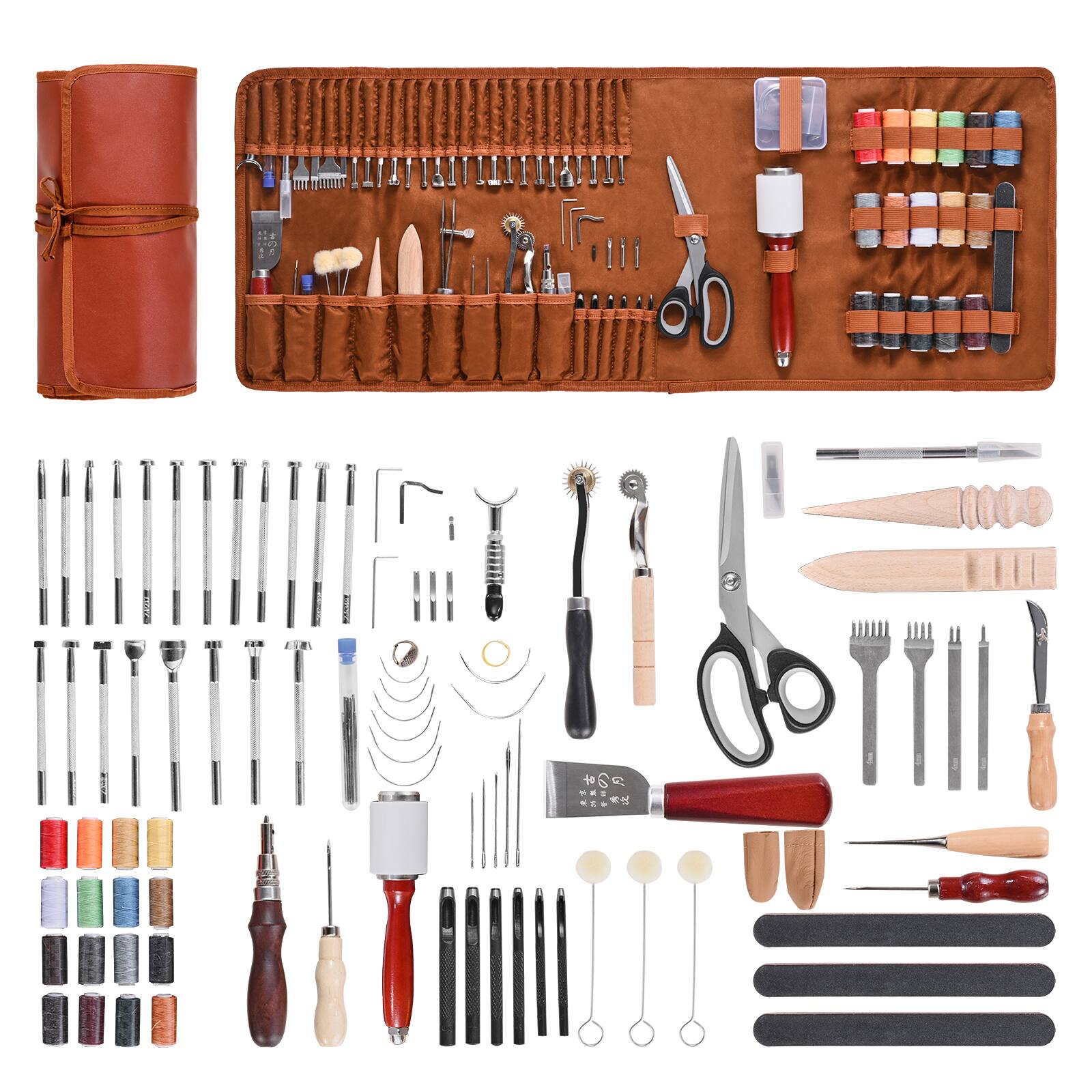 The image shows a comprehensive set of leather crafting tools and materials. Here is a grouped and corrected list of the items:

1. **Leather Crafting Tools:**
   - Leather punch set with various sizes
   - Leather hole punch
   - Leather stamping tools
   - Leather carving tools
   - Leather burnishing tool
   - Leather edge beveler
   - Leather edge slicker
   - Leather edge dye brush
   - Leather edge burnisher
   - Leather edge beveler
   - Leather edge slicker
   - Leather edge dye brush
   - Leather edge burnisher
   - Leather edge beveler
   - Leather edge slicker
   - Leather edge dye brush
   - Leather edge burnisher
   - Leather edge beveler
   - Leather edge slicker
   - Leather edge dye brush
   - Leather edge burnisher
   - Leather edge beveler
   - Leather edge slicker
   - Leather edge dye brush
   - Leather edge burnisher
   - Leather edge beveler
   - Leather edge slicker
   - Leather edge dye brush
   - Leather edge burnisher
   - Leather edge beveler
   - Leather edge slicker