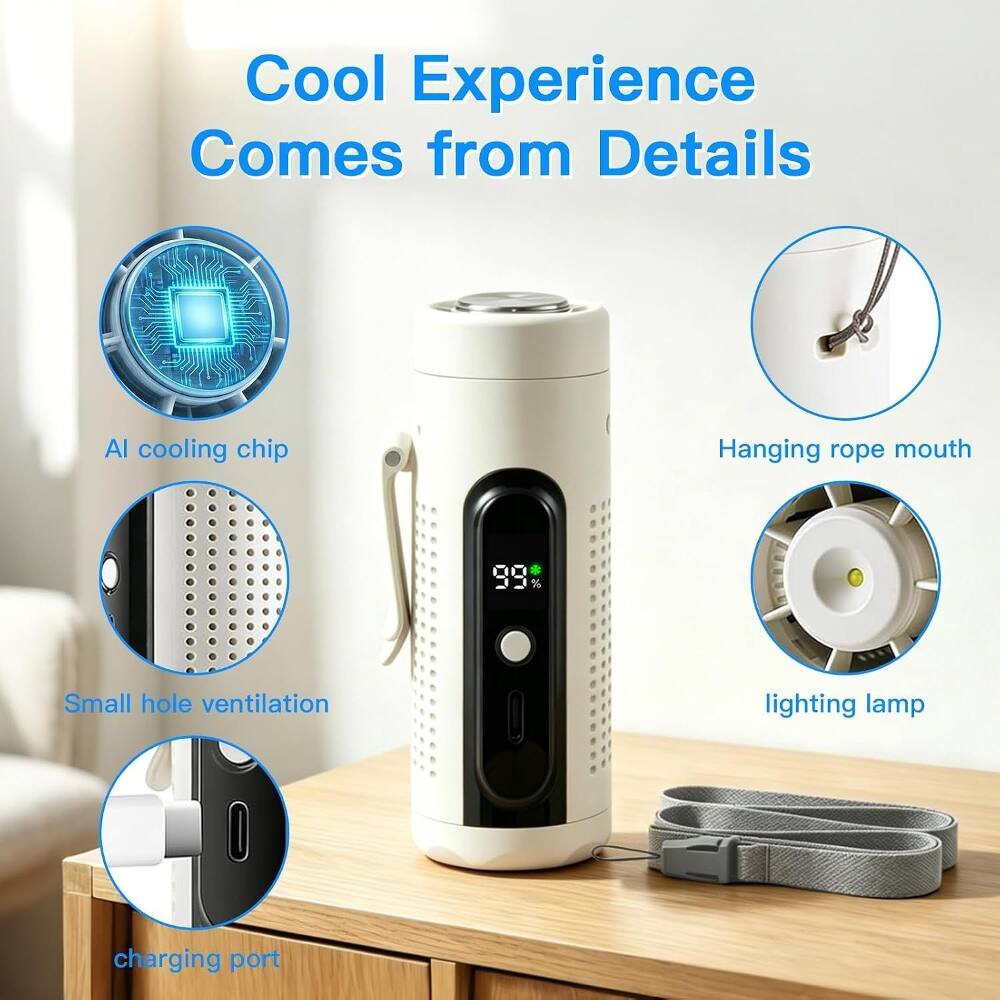 Cool Experience Comes from Details  
AI cooling chip  
Hanging rope mouth  
Small hole ventilation  
Lighting lamp  
Charging port