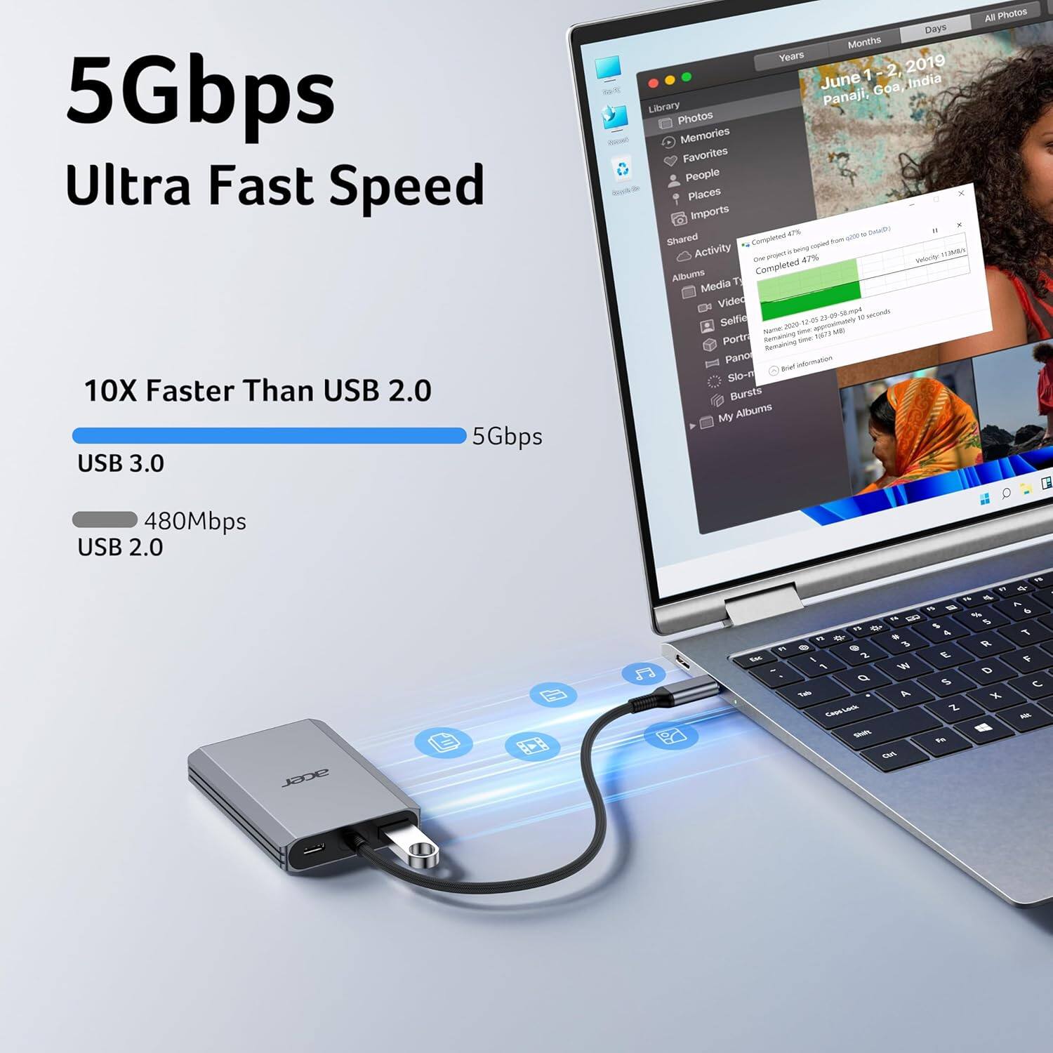 5Gbps  
Ultra Fast Speed  

10X Faster Than USB 2.0  

USB 3.0  
5Gbps  

USB 2.0  
480Mbps  

June 1-2, 2019  
Panaji, Goa, India  

Library  
Photos  
Memories  
Favorites  
People  
Places  
Imports  

Shared  
Activity  
Albums  
Media  
Video  
Selfies  
Portraits  
Panoramas  
Bursts  
All Photos  
My Albums  

Completed 47%  
Completed 47%  
Completed 47%