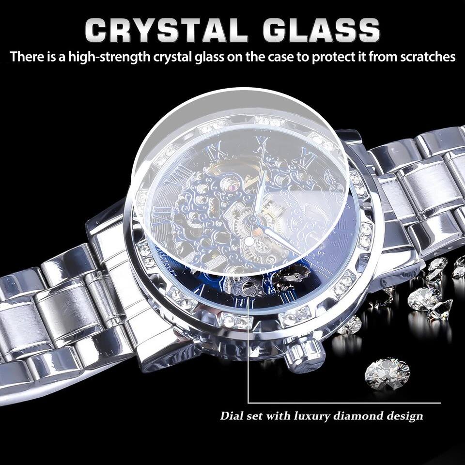 CRYSTAL GLASS  
There is a high-strength crystal glass on the case to protect it from scratches  

Dial set with luxury diamond design