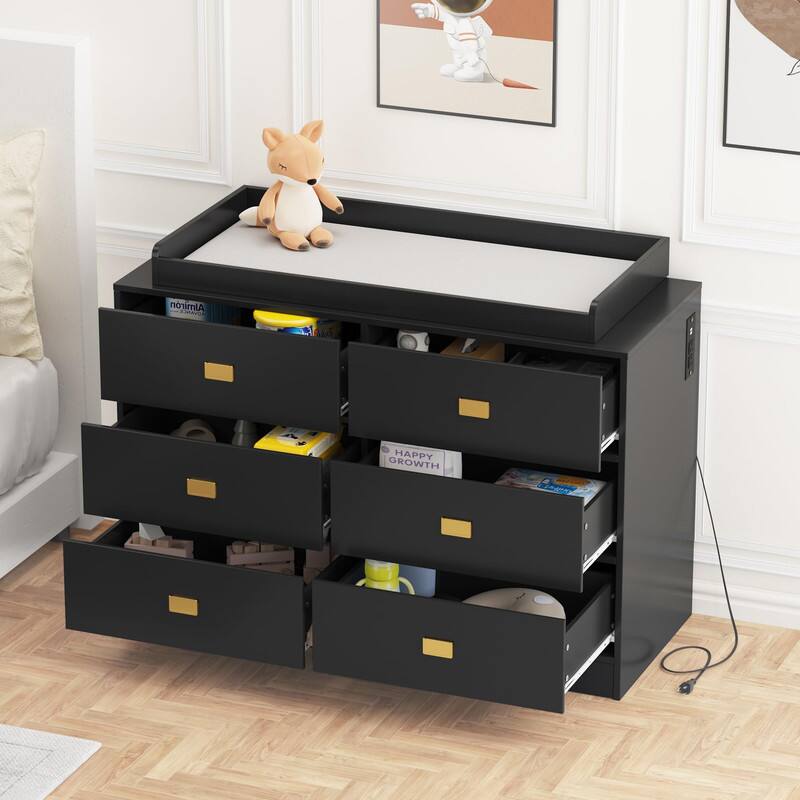 black dresser with changing table Chest Nursery Top  7-Drawer Baby Storage Organizer for Diapers and Clothes while the removable changing top creates a convenient changing station with its multiple compartments Garvee Changing Table Dresser for