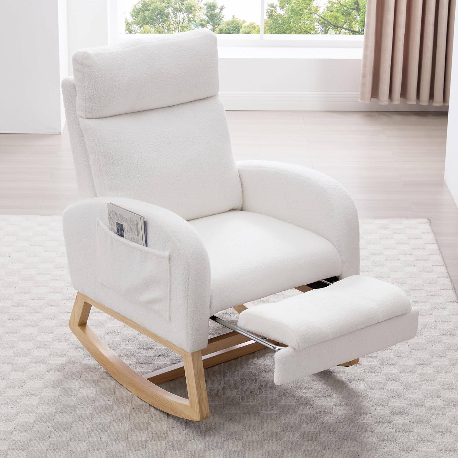 Alt View 7. Trinkets Crazed - Nursery Rocking Chair With Adjustable Footstool Modern Minimalist Sofa Chair - white.