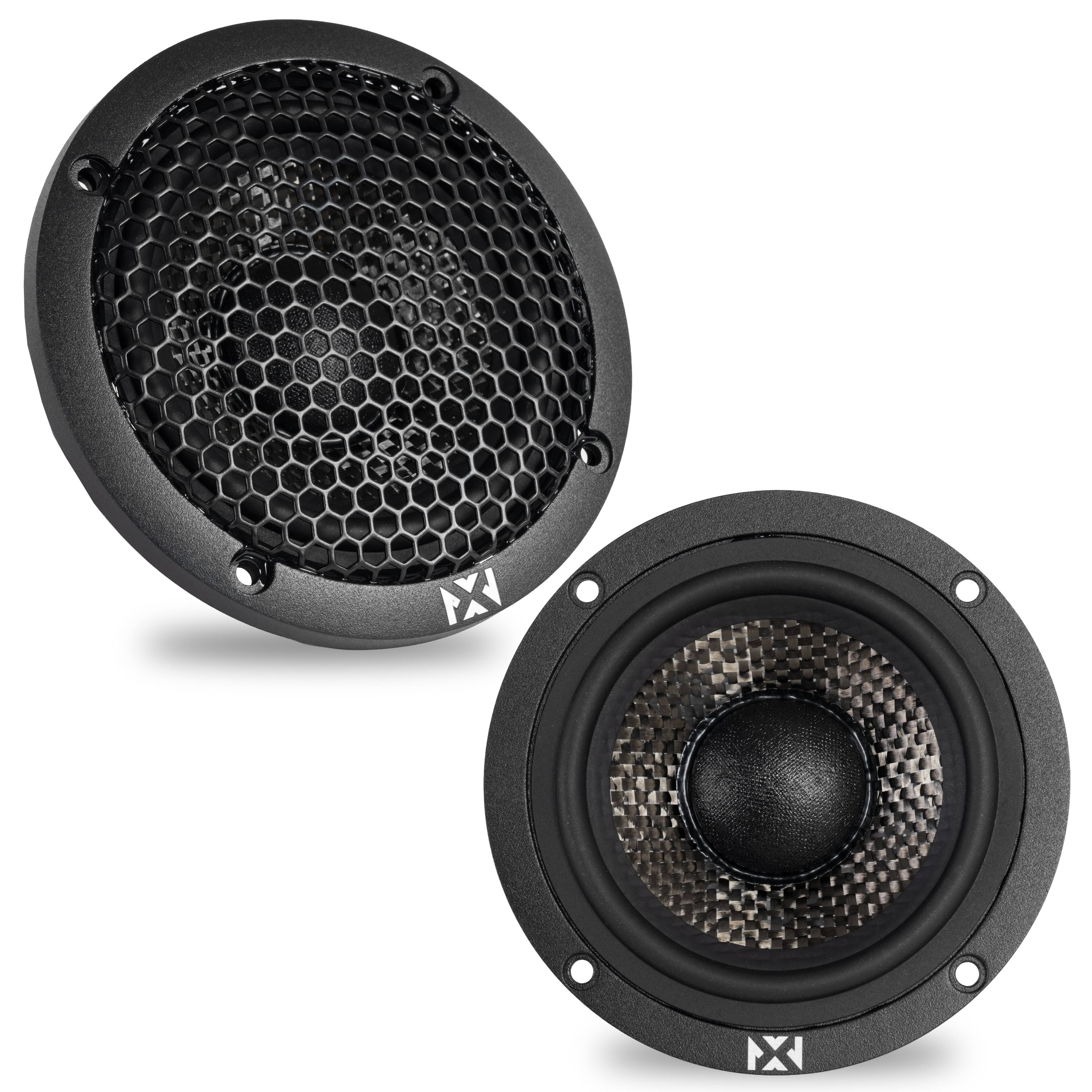 Front. NVX - XQS3 v2 (XQS3v2) 200W Peak (100W RMS) 3.5in X-Series NEO Midrange Speakers with Carbon Fiber Cones.