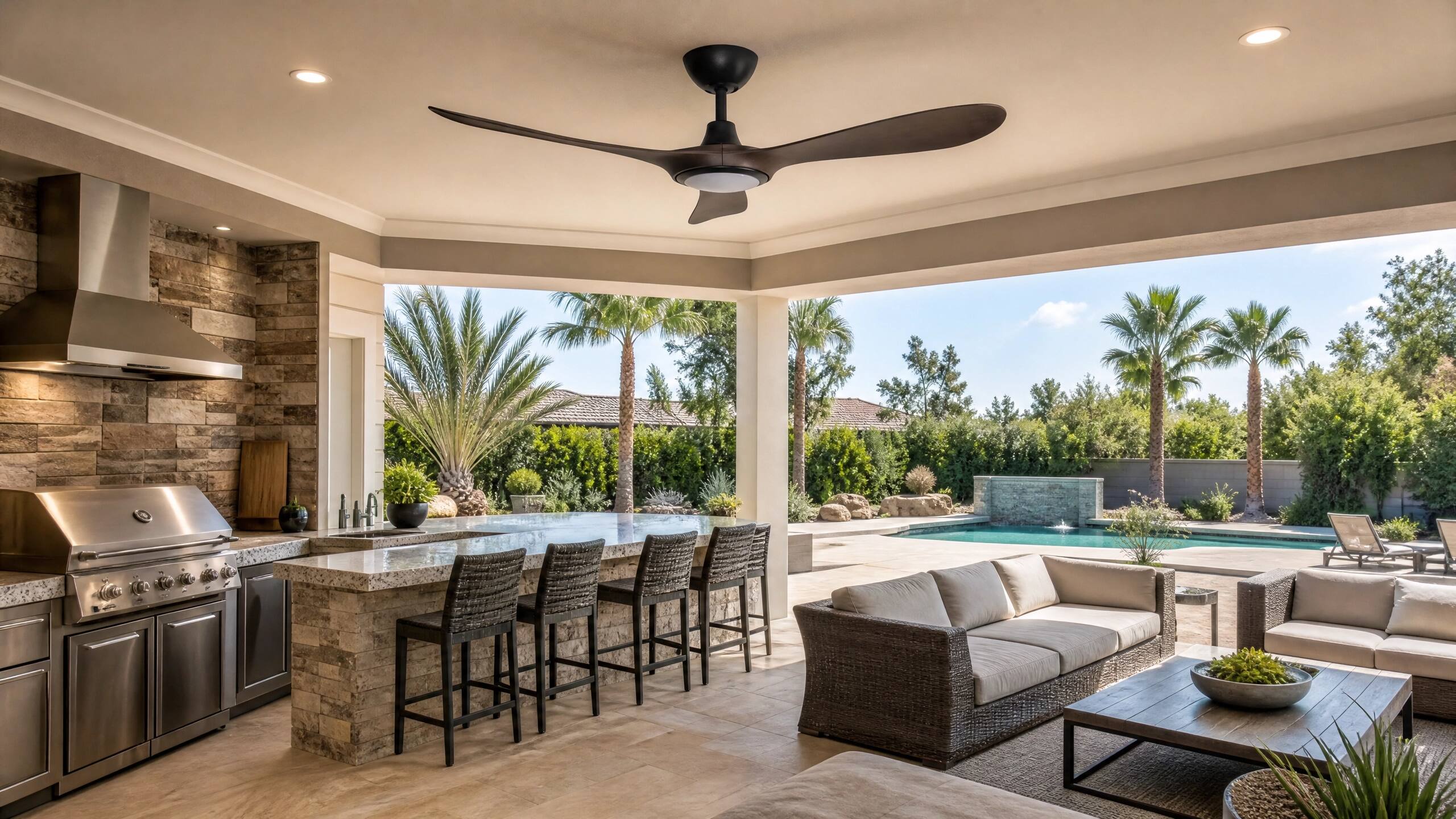 Alt View 1. ENLIGHT - 60" Smart Ceiling Fan, IP66 Outdoor/Coastal, CCT & Dimmable LED, Durable, Efficient + Quiet DC Motor, Matter, 3 Blades - Walnut Woodgrain.