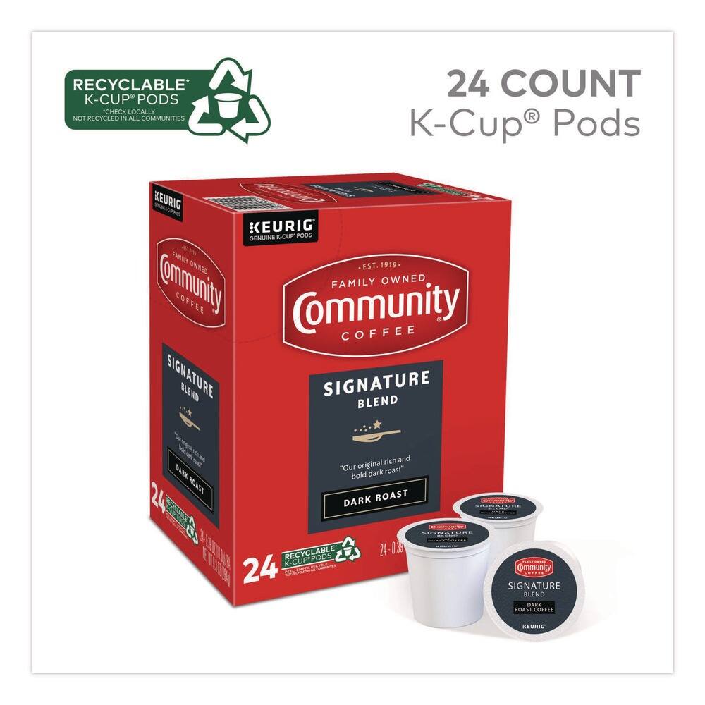 RECYCLABLE K-CUP PODS  
CHECK LOCALLY NOT RECYCLED IN ALL COMMUNITIES  

24 COUNT K-Cup® Pods  

KEURIG GENUINE K-CUP® PODS  

FAMILY OWNED  
Community COFFEE  
EST. 1919  

SIGNATURE BLEND  
A rich and bold dark roast!  
"Our original roast"  

DARK ROAST  

24 K-CUP PODS  

RECYCLABLE K-CUP PODS