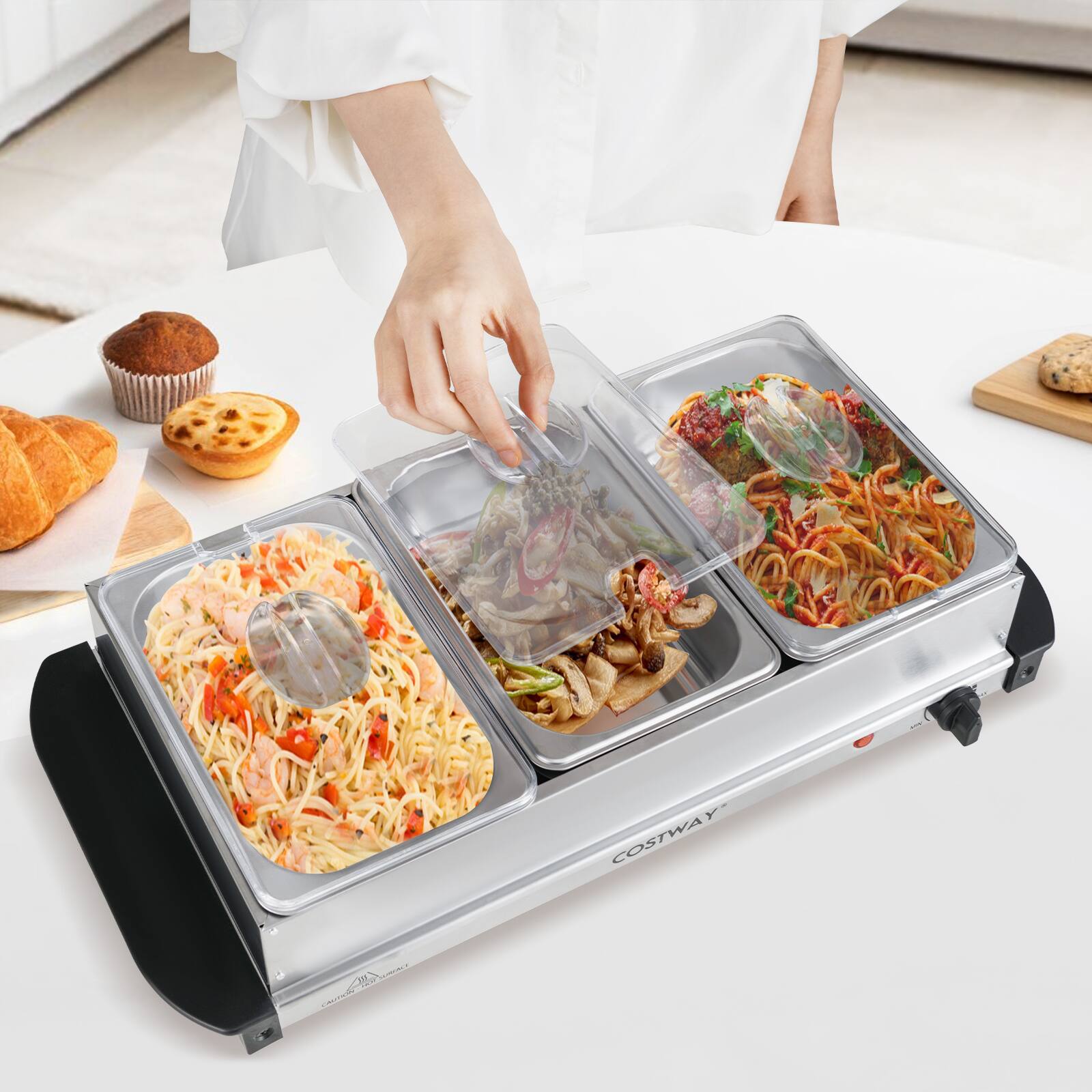 Alt View 1. Costway - Costway Electric Buffet Server Food Warmer with 3 Removable Trays Adjustable Tempered - Silver + Black.