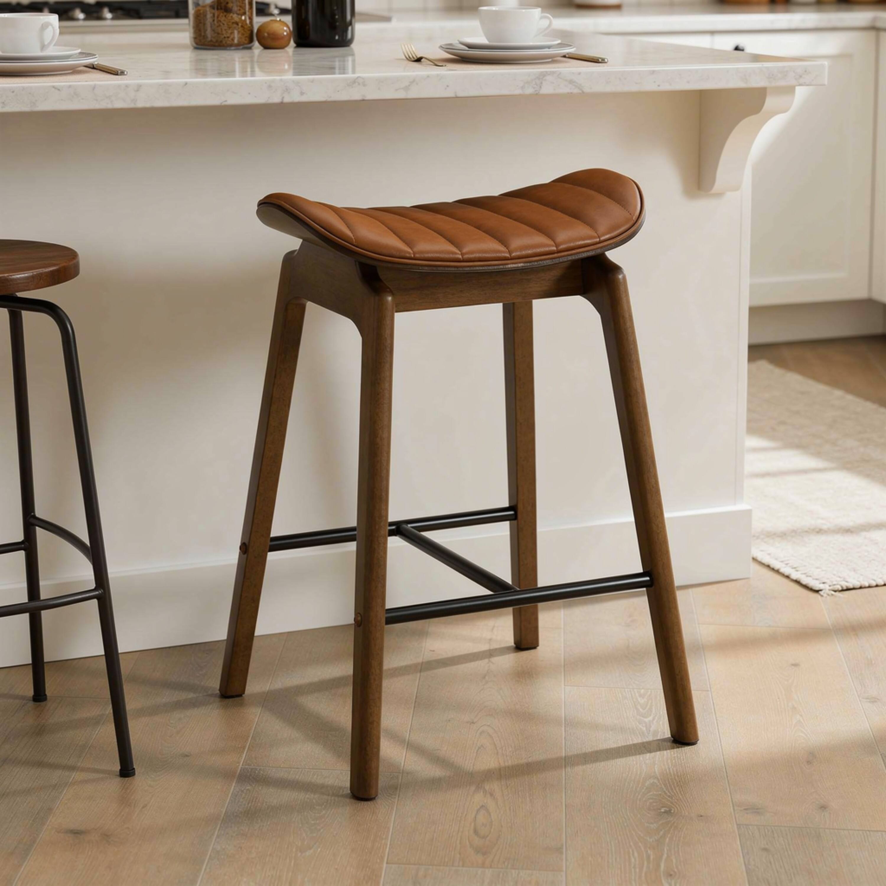 Alt View 5. Manhattan Lane - Amal Counter Height Stool Set of 2, Saddle Faux Leather Seat, Walnut - Walnut Brown, Black, Brown.