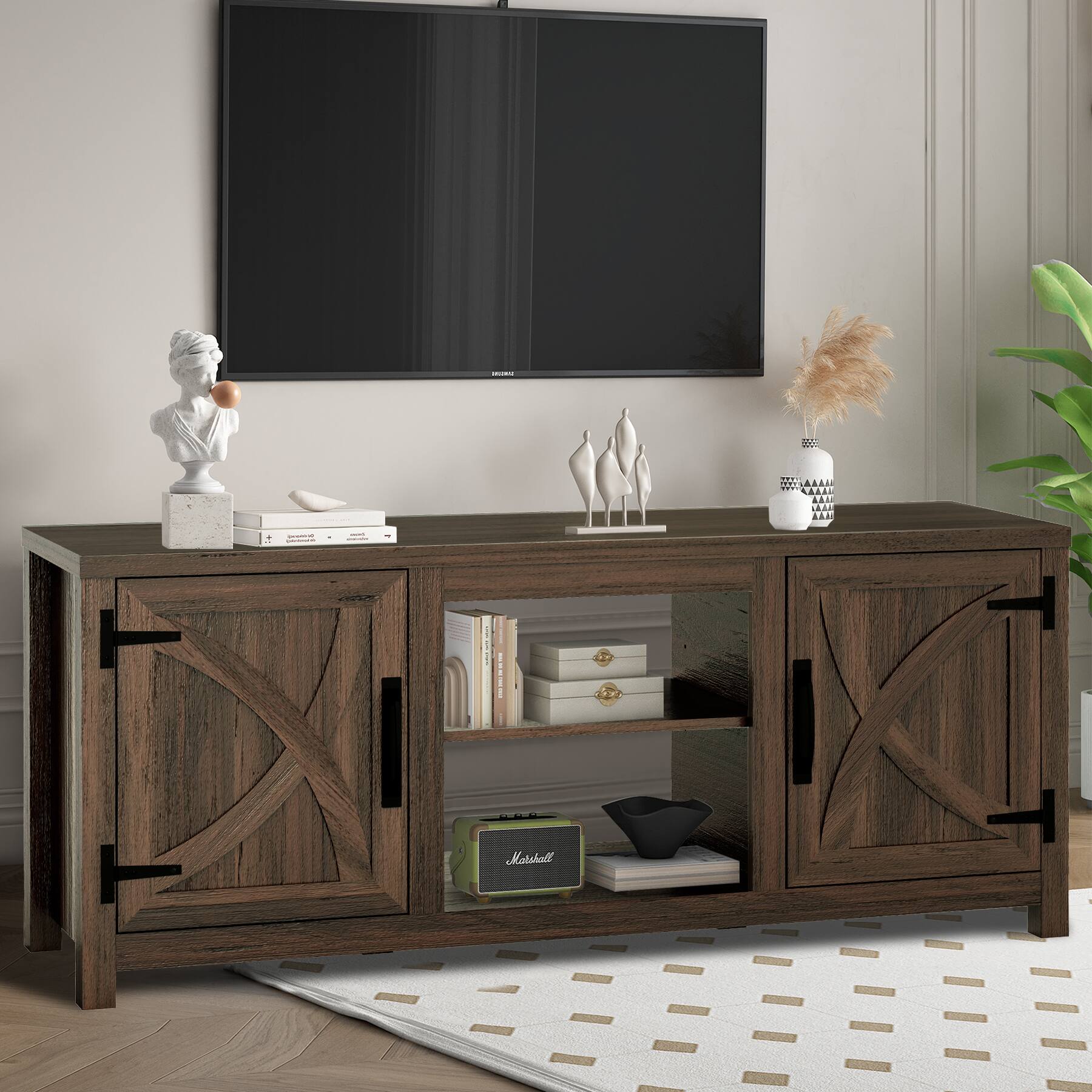 Left. Ihomeadore - 58" Farmhouse TV Stand with Open Storage Shelves and Cabinets for TV up to 65" - Brown.