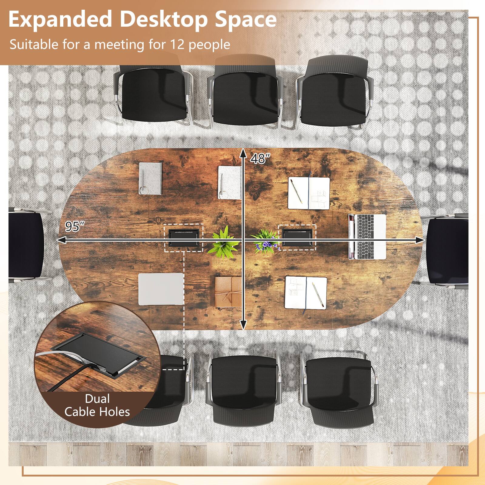 Expanded Desktop Space  
Suitable for a meeting for 12 people  

48"  
95"  

Dual Cable Holes