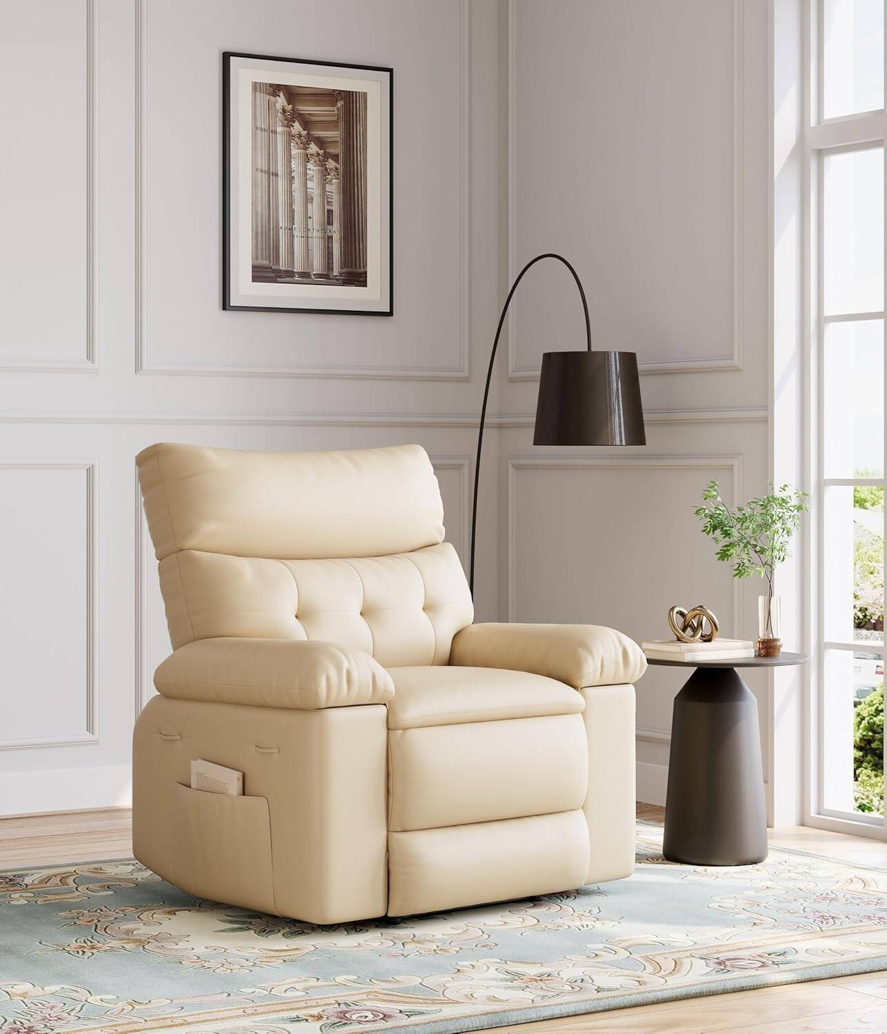 Front. Babevy - 37.4" Wide Oversized Recliner Chair, PU Leather Manual Recliner with 1.5X Sponge Filling - Beige.