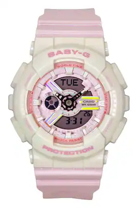 BABY-G WORLD TIME ADJUST TUE LIGHT RESET CASIO START WR 10BAR SPLIT- STOP 26 3:31 MODE SEARCH SHOCK RESIST PROTECTION