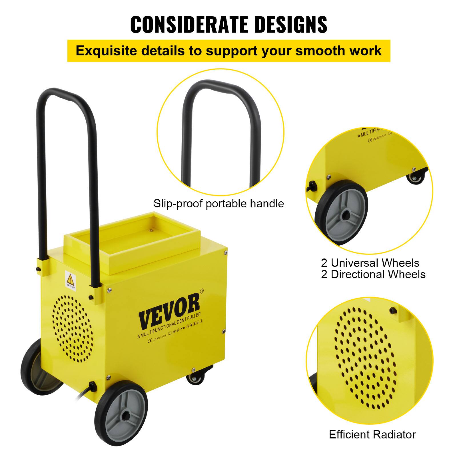 CONSIDERATE DESIGNS  
Exquisite details to support your smooth work  

- Slip-proof portable handle  
- 2 Universal Wheels  
- 2 Directional Wheels  
- Efficient Radiator