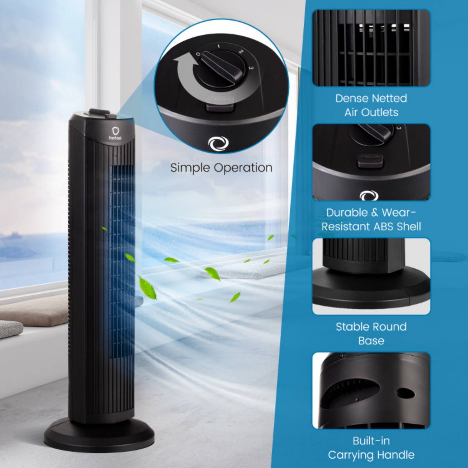 - Dense Netted Air Outlets
- Simple Operation
- Durable & Wear-Resistant ABS Shell
- Stable Round Base
- Built-in Carrying Handle