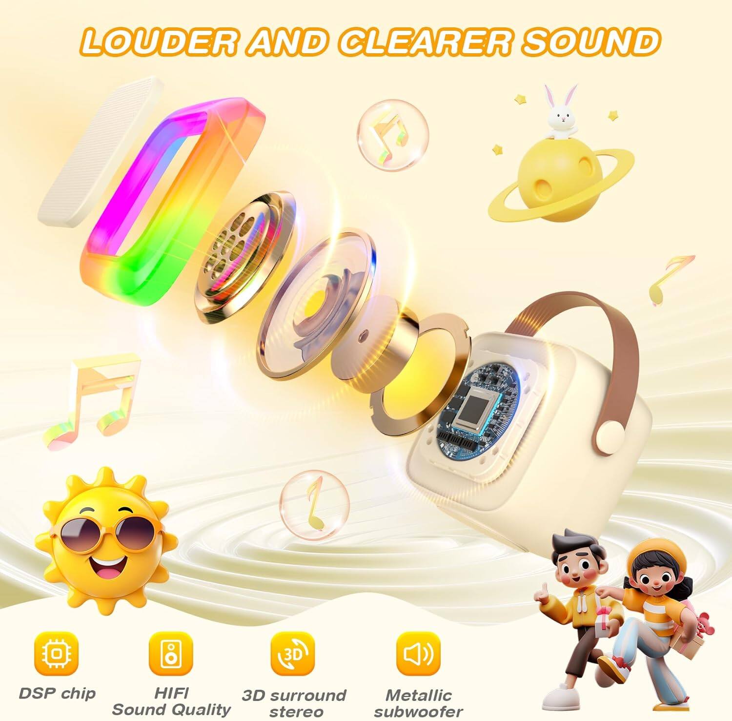 LOUDER AND CLEARER SOUND

- DSP chip
- HIFI Sound Quality
- 3D surround stereo
- Metallic subwoofer