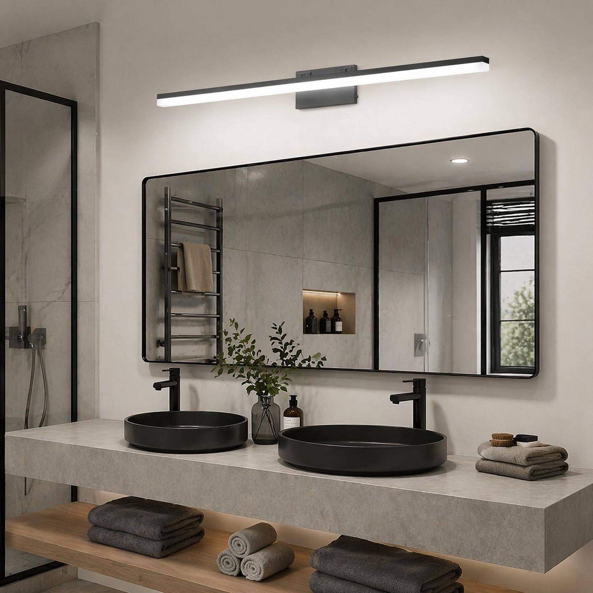 Left. RYHNUYNE - 39-Inch LED Vanity Light for Bathroom Mirror – Modern Black Aluminum & Iron Fixture with Adjustable Color Temperature.