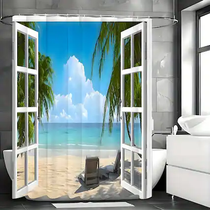 Front. blue - 1pcs Shower Curtain, Palm Tree Decor Ocean Beach Seascape Through White Wooden Windows Summer - Multicolor200*180cm.