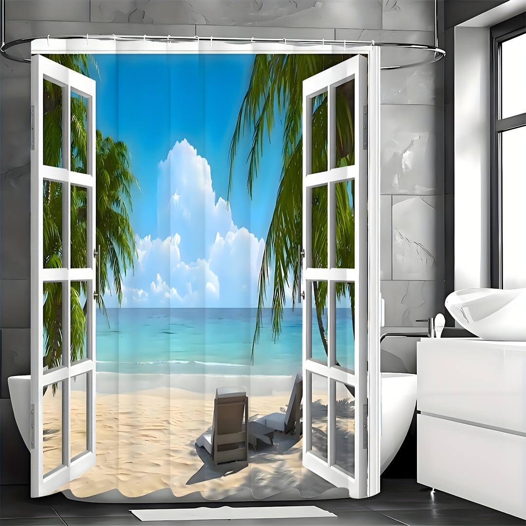 Front. blue - 1pcs Shower Curtain, Palm Tree Decor Ocean Beach Seascape Through White Wooden Windows Summer - Multicolor200*180cm.