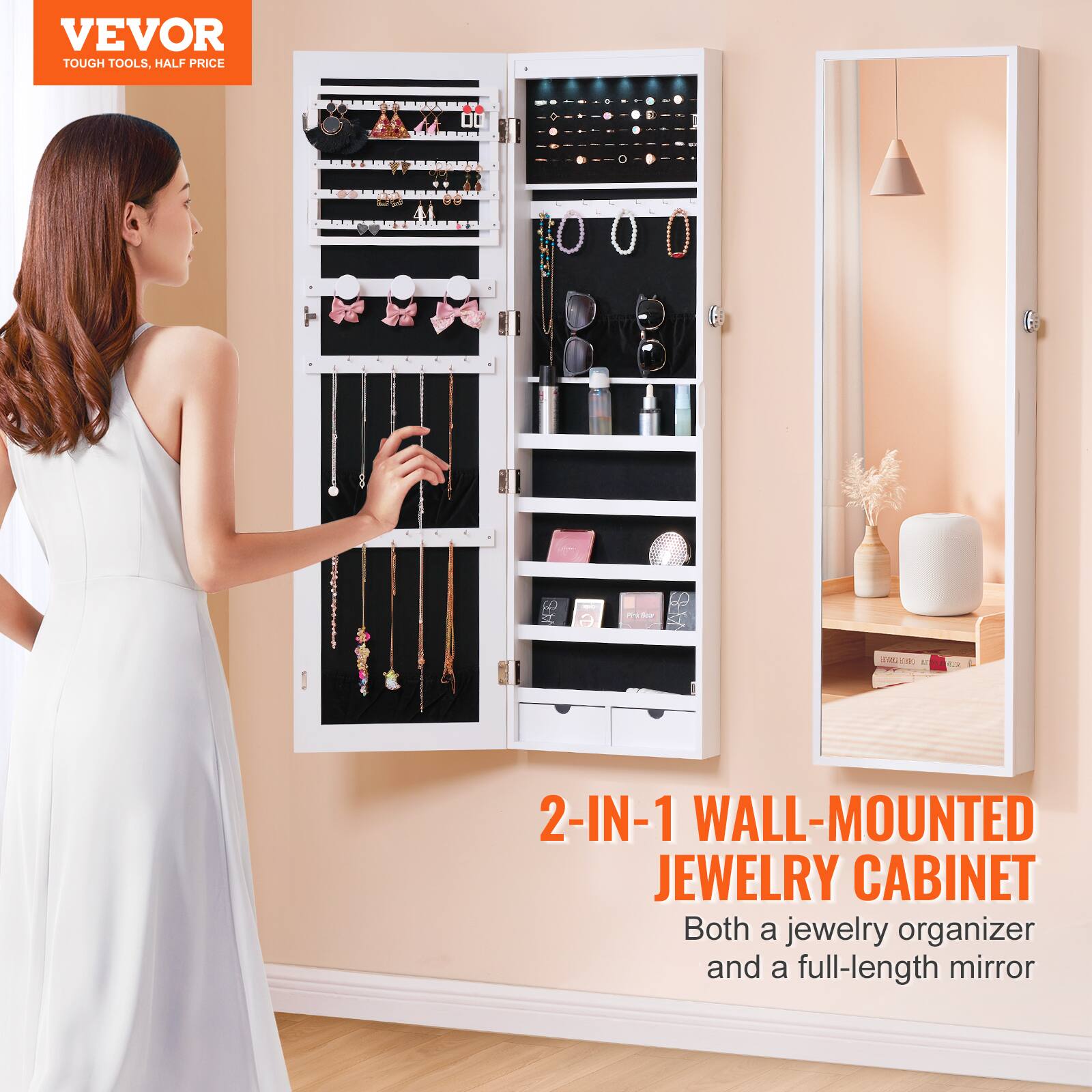 VEVOR  
TOUGH TOOLS, HALF PRICE  

2-IN-1 WALL-MOUNTED JEWELRY CABINET  
Both a jewelry organizer and a full-length mirror