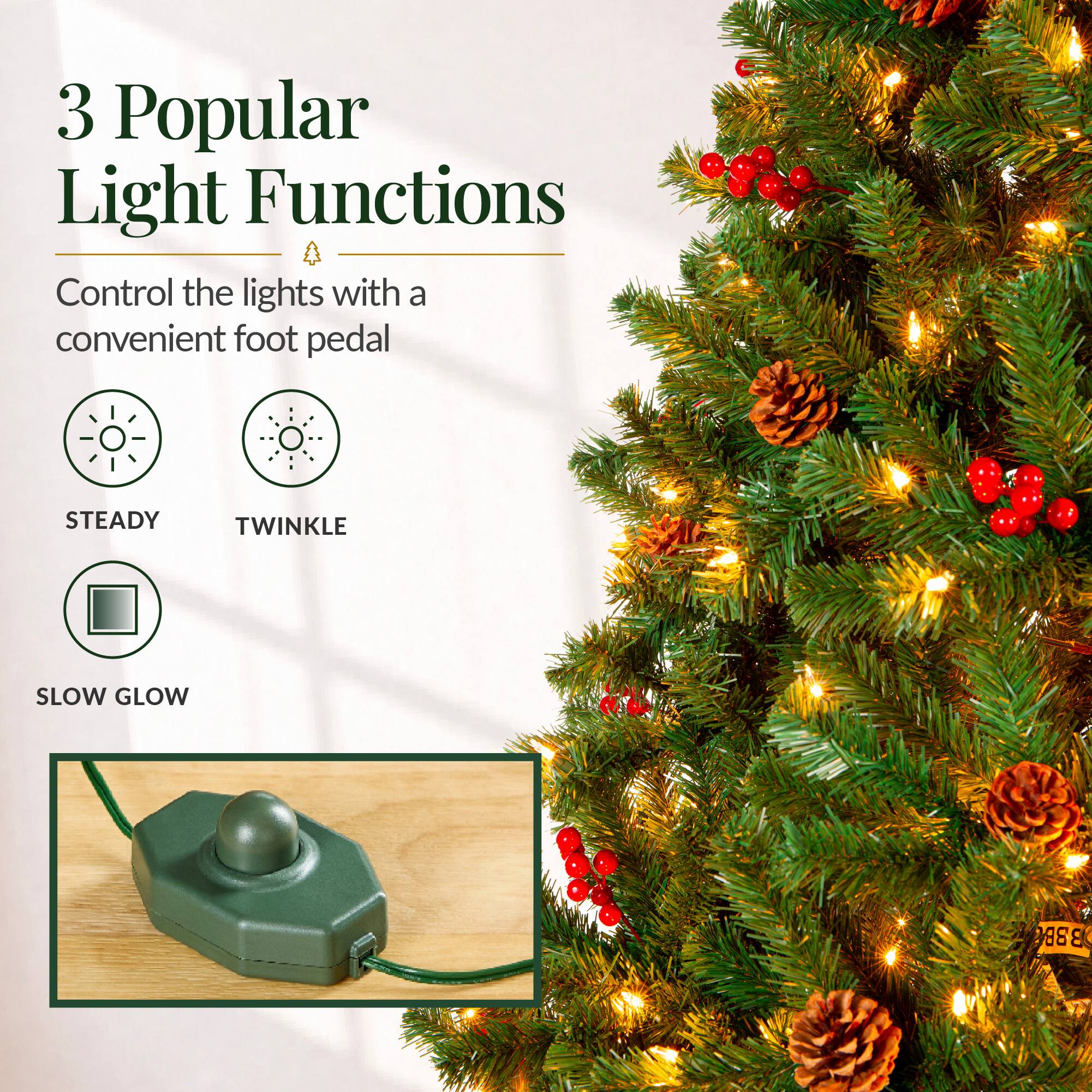 3 Popular Light Functions  
Control the lights with a convenient foot pedal  
STEADY  
TWINKLE  
SLOW GLOW