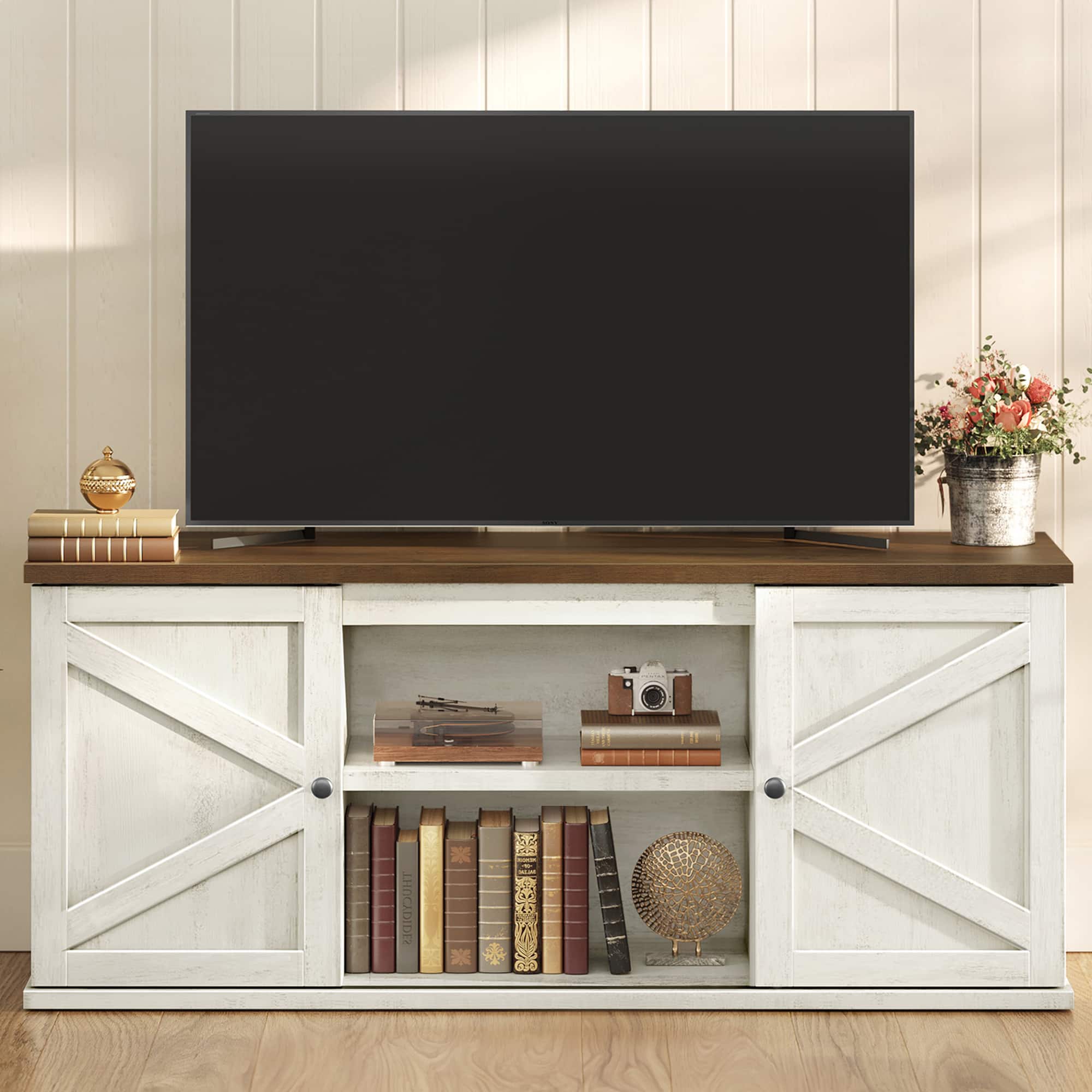 Songmics Home - Farmhouse TV Stand for TVs up to 65 Inches, Entertainment Center with Storage Cabinets and Sliding Barn Doors - Rustic White and Honey Brown
