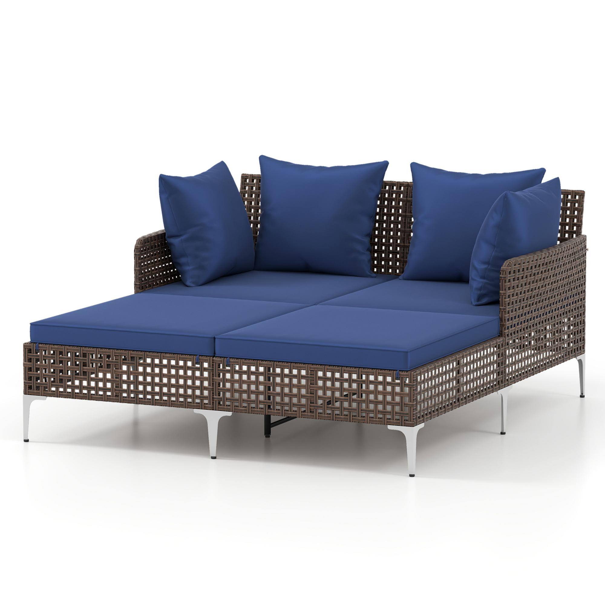 Alt View 1. Gymax - Gymax Outdoor Rattan Double Daybed Wicker Chaise Lounge for 2 w/ Seat & Back Cushions Navy - Blue.
