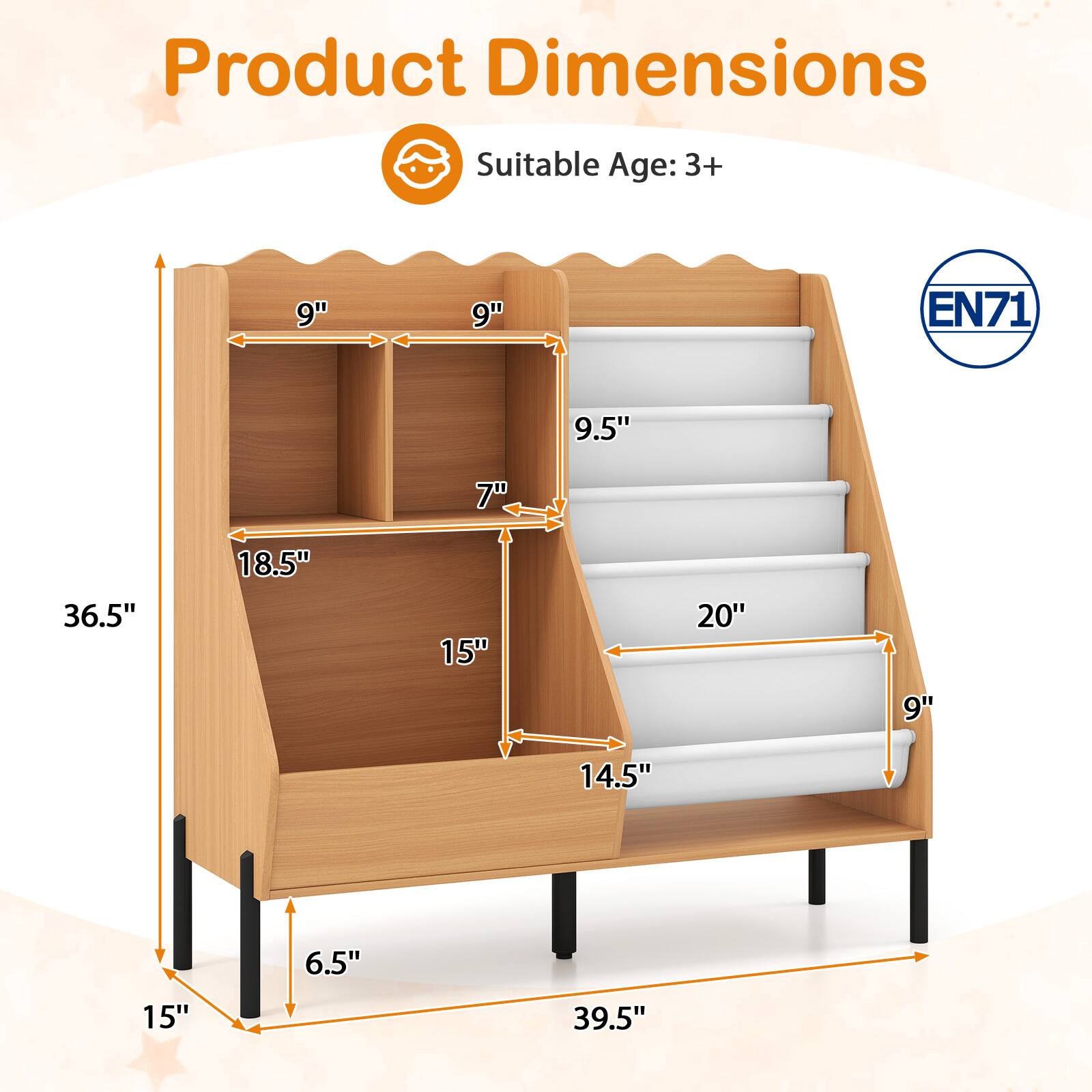 Product Dimensions  
Suitable Age: 3+  
9" x 9" x 9.5" x 7" x 36.5" x 18.5" x 15" x 20" x 9" x 14.5" x 6.5" x 15" x 39.5"  
EN71