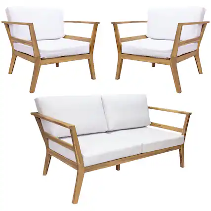 Front. Sunnydaze - Bodie Acacia Wood 3-Piece Patio Conversation Set - Natural/Bone White.