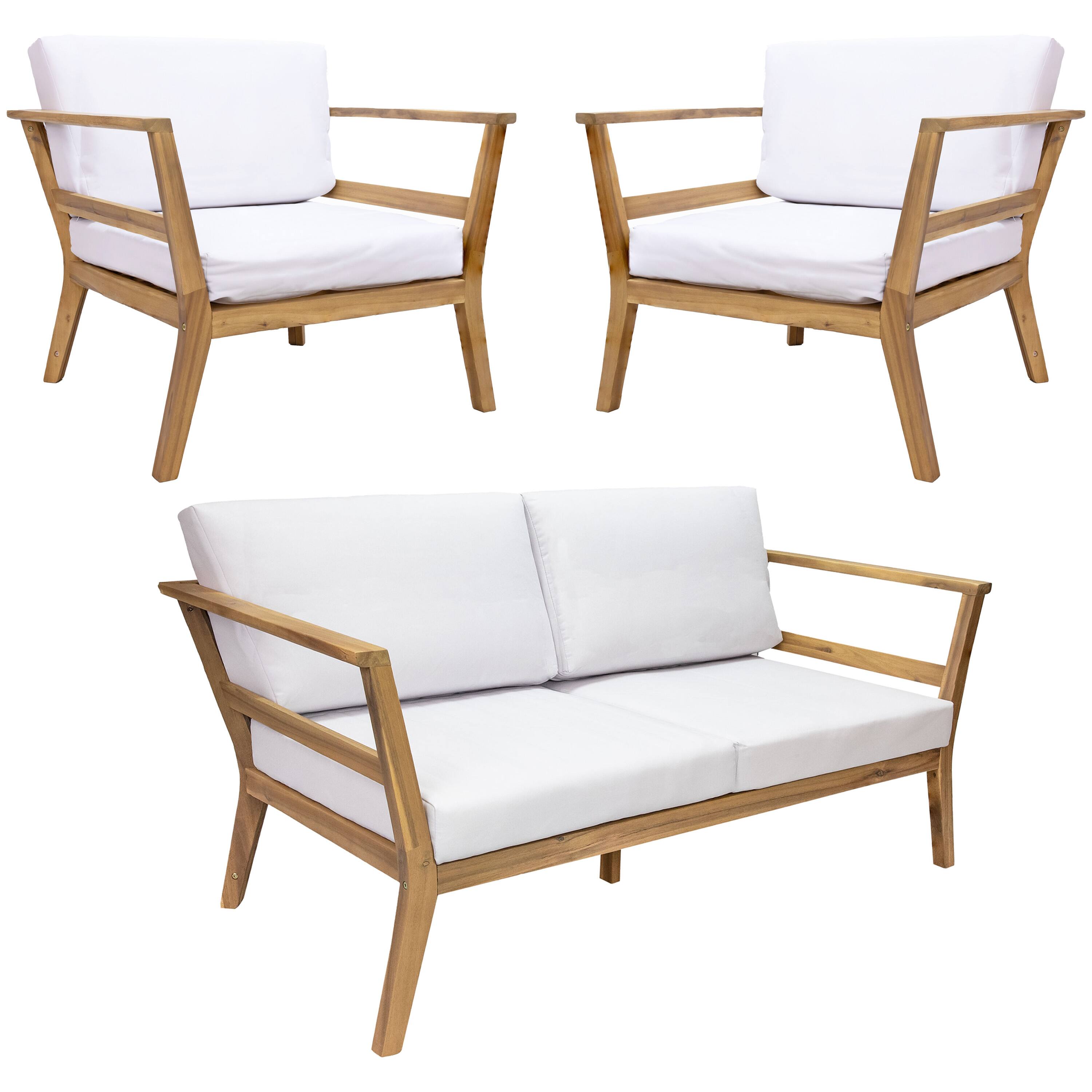 Front. Sunnydaze - Bodie Acacia Wood 3-Piece Patio Conversation Set - Natural/Bone White.