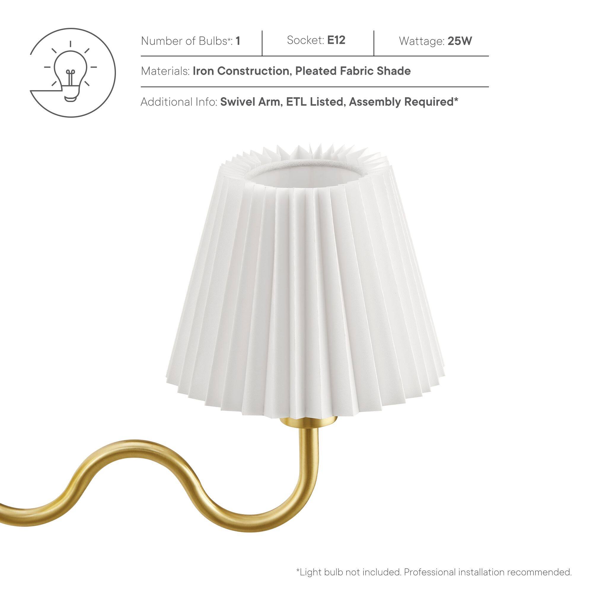 Number of Bulbs: 1  
Socket: E12  
Wattage: 25W  

Materials: Iron Construction, Pleated Fabric Shade  

Additional Info: Swivel Arm, ETL Listed, Assembly Required*  

*Light bulb not included. Professional installation recommended.