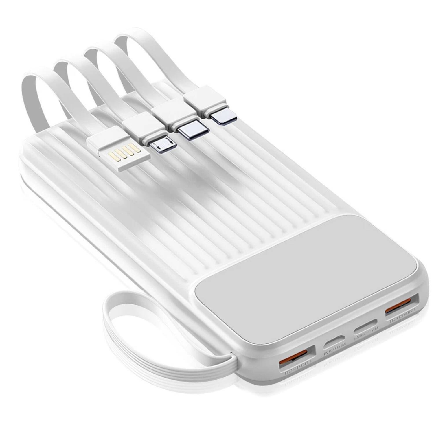 Home Collection - 20000mAh Universal Fast Charging Power Bank with 4 Built-in Cables & Digital Display - White