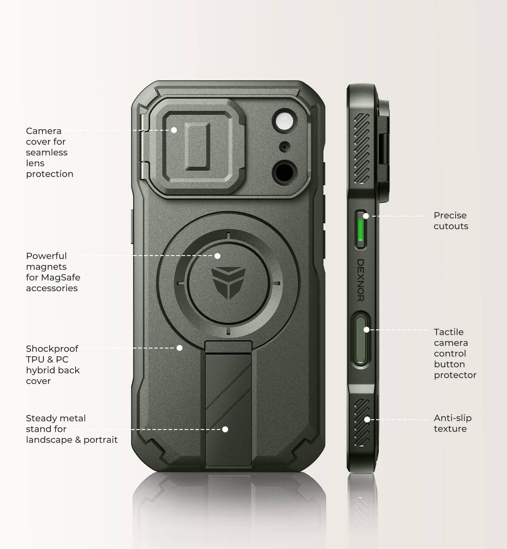 Camera cover for seamless lens protection  
Powerful magnets for MagSafe accessories  
Shockproof TPU & PC hybrid back cover  
Precise cutouts  
Tactile camera control button protector  
Steady metal stand for landscape & portrait  
Anti-slip texture