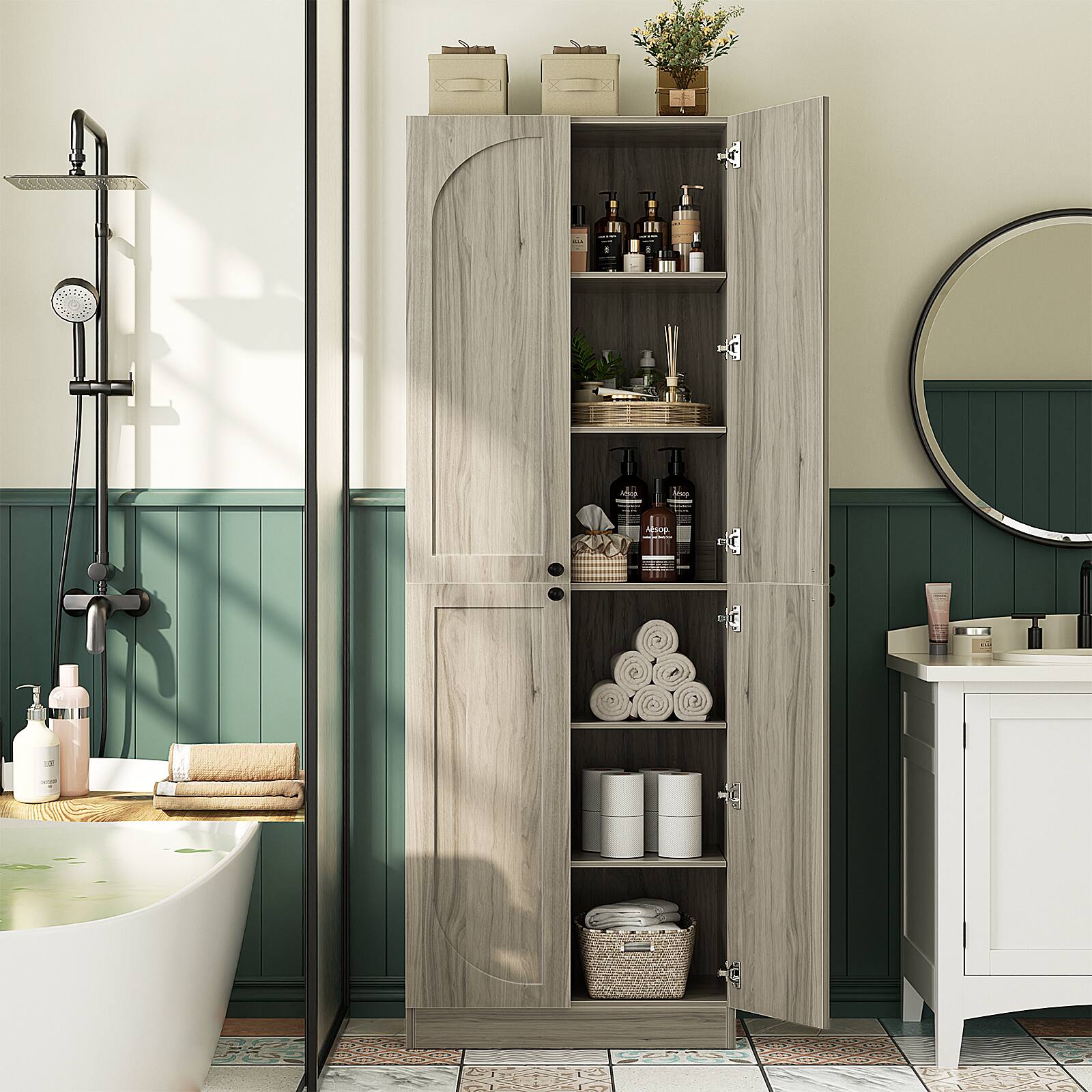 Alt View 1. Aheaplus - 80" Tall Arch Kitchen Pantry (2 Sets): 8-Door Wood Cabinet with Adjustable Shelves, Wall-Fit for Multi-Room - White Oak.