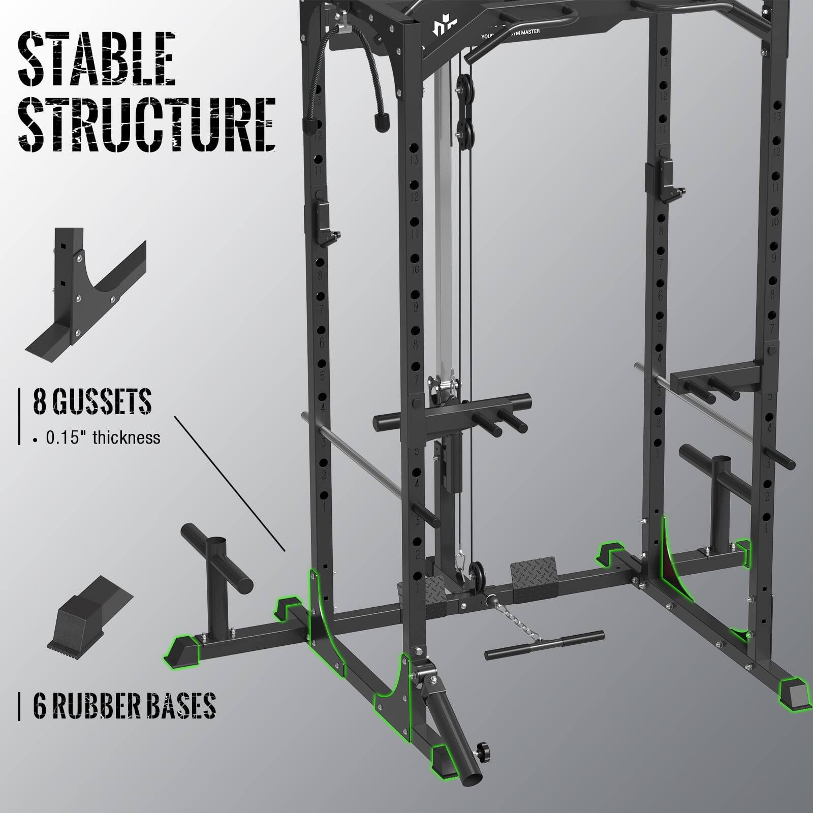 STABLE STRUCTURE

8 GUSSETS - 0.15" thickness

6 RUBBER BASES