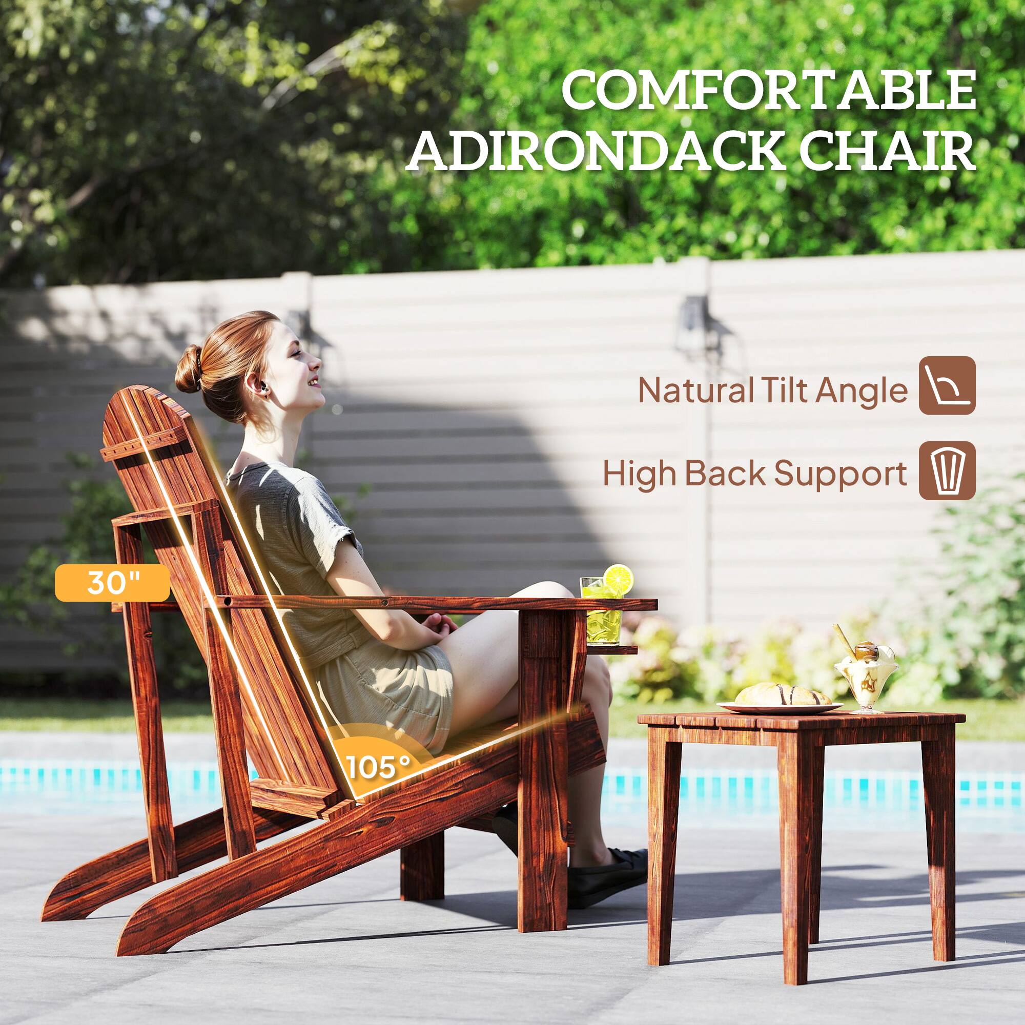 COMFORTABLE ADIRONDACK CHAIR, Natural Tilt Angle, High Back Support, 30", 105°