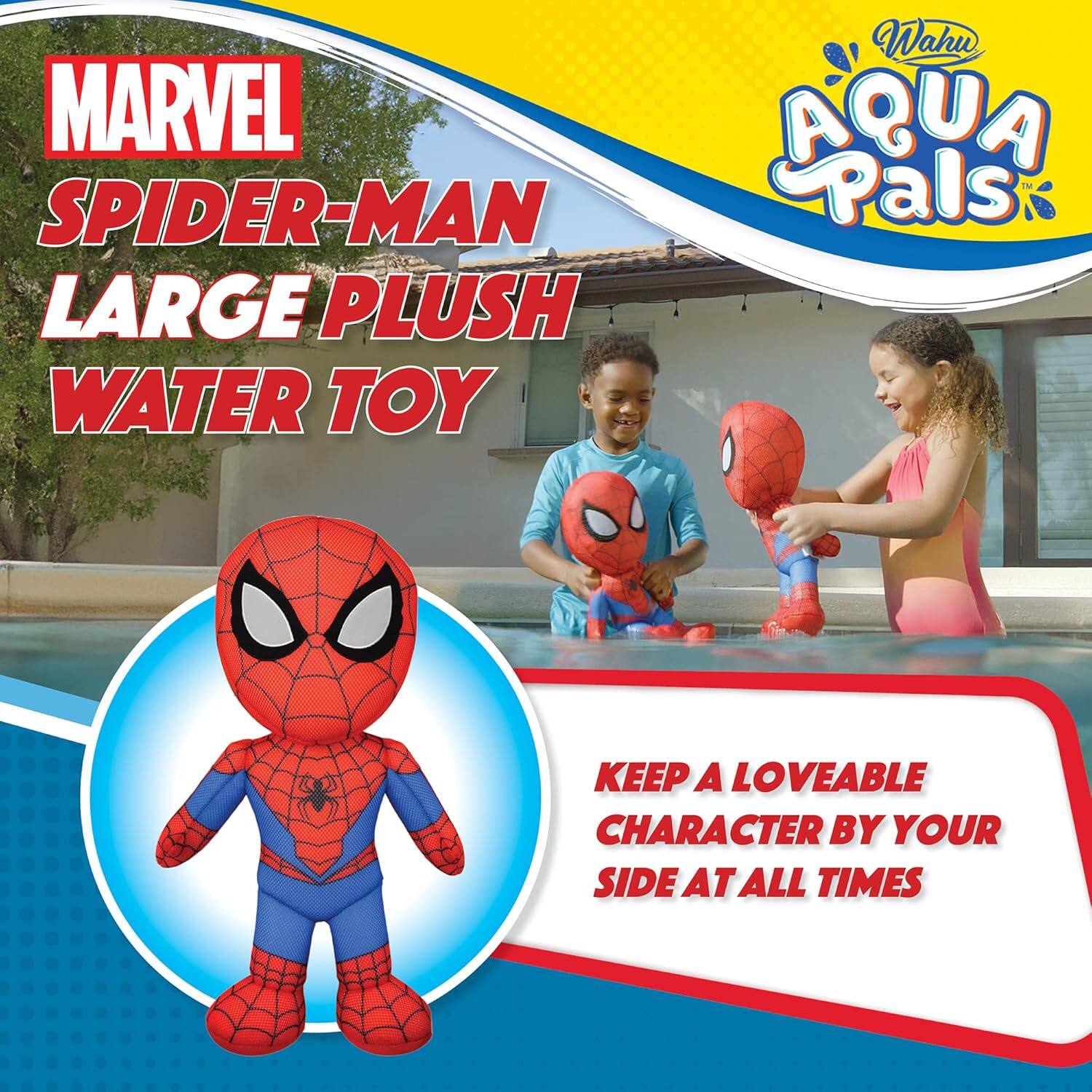 MARVEL SPIDER-MAN LARGE PLUSH WATER TOY  
WAHU AQUA PALS  
KEEP A LOVEABLE CHARACTER BY YOUR SIDE AT ALL TIMES