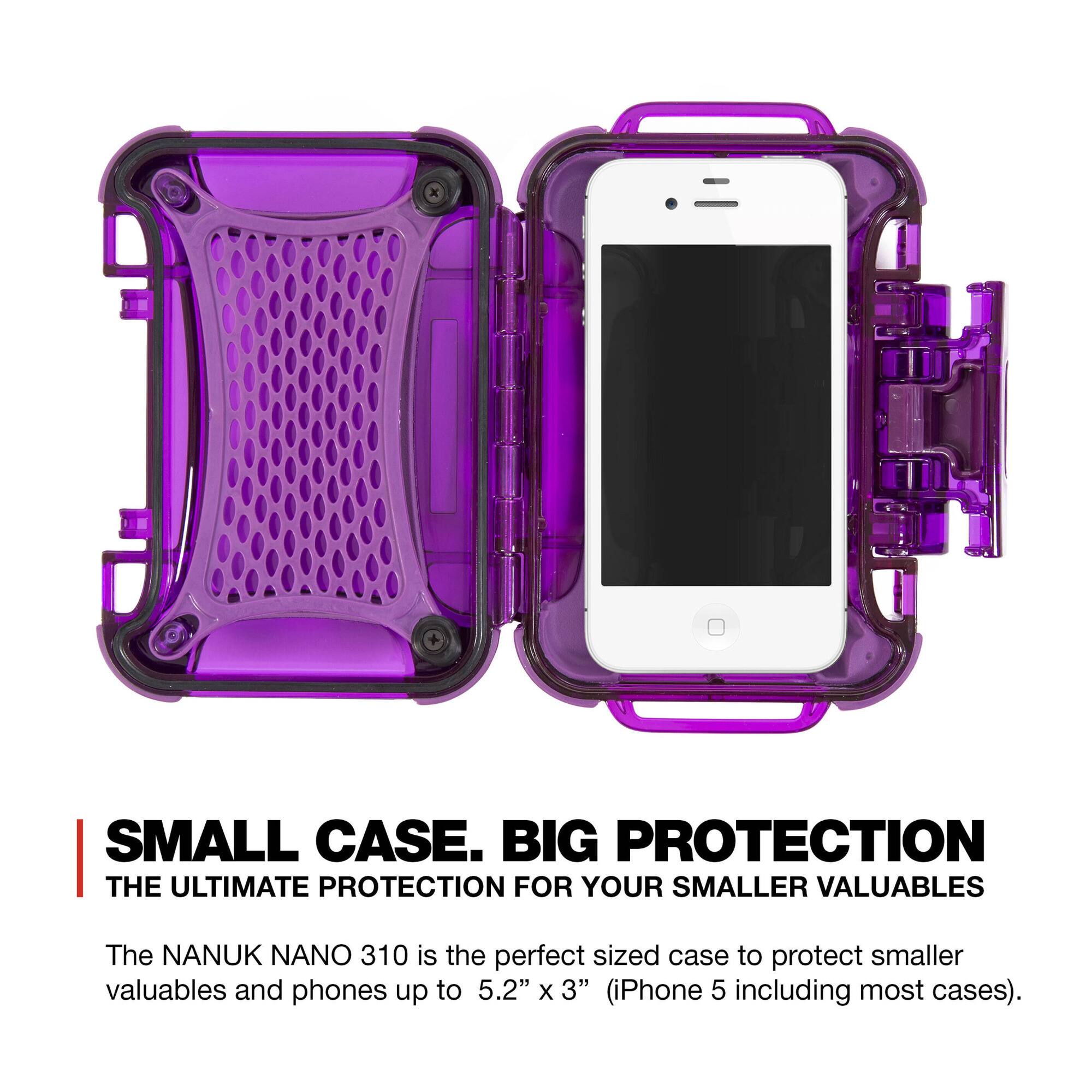 SMALL CASE. BIG PROTECTION  
THE ULTIMATE PROTECTION FOR YOUR SMALLER VALUABLES  

The NANUK NANO 310 is the perfect sized case to protect smaller valuables and phones up to 5.2" x 3" (iPhone 5 including most cases).