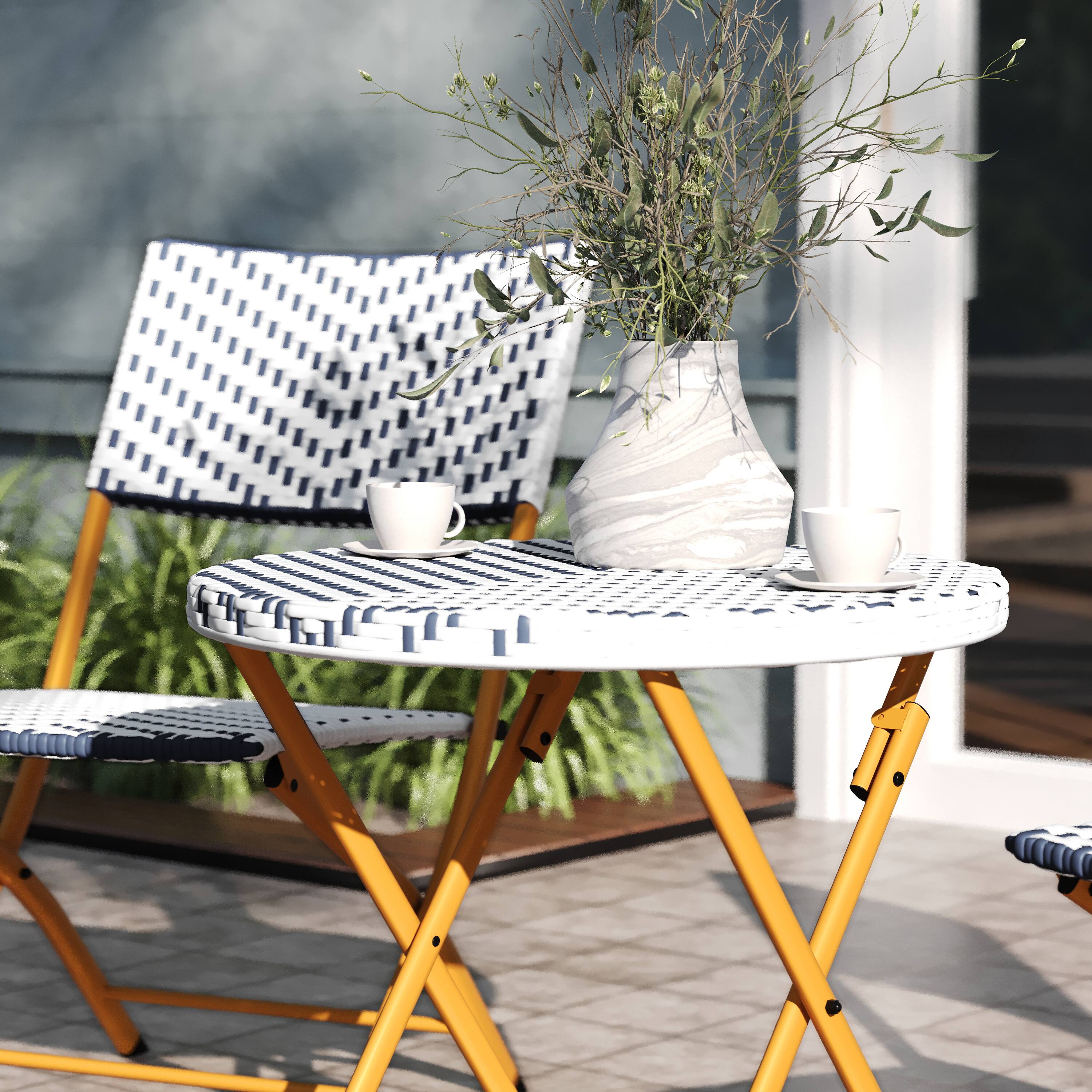 Alt View 4. Emma + Oliver - Ciel Three Piece Folding Bistro Set in PE Rattan with Metal Frames for Indoor and Outdoor Use - Navy & White.