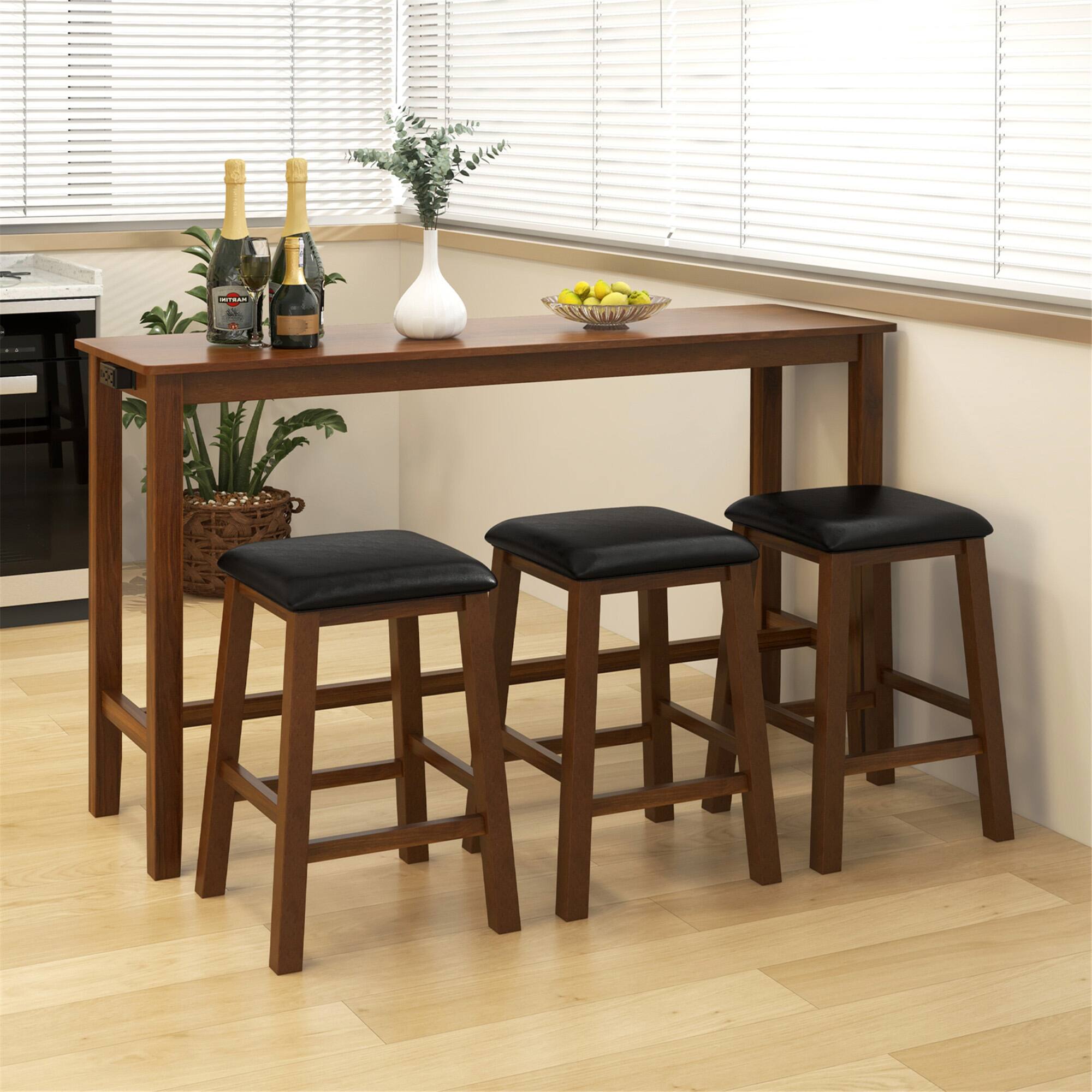 Alt View 1. Gymax - Gymax 4-Piece Bar Table Set w/ Power Outlet Counter-Height Table & 3 Bar Stools - Walnut, Brown.