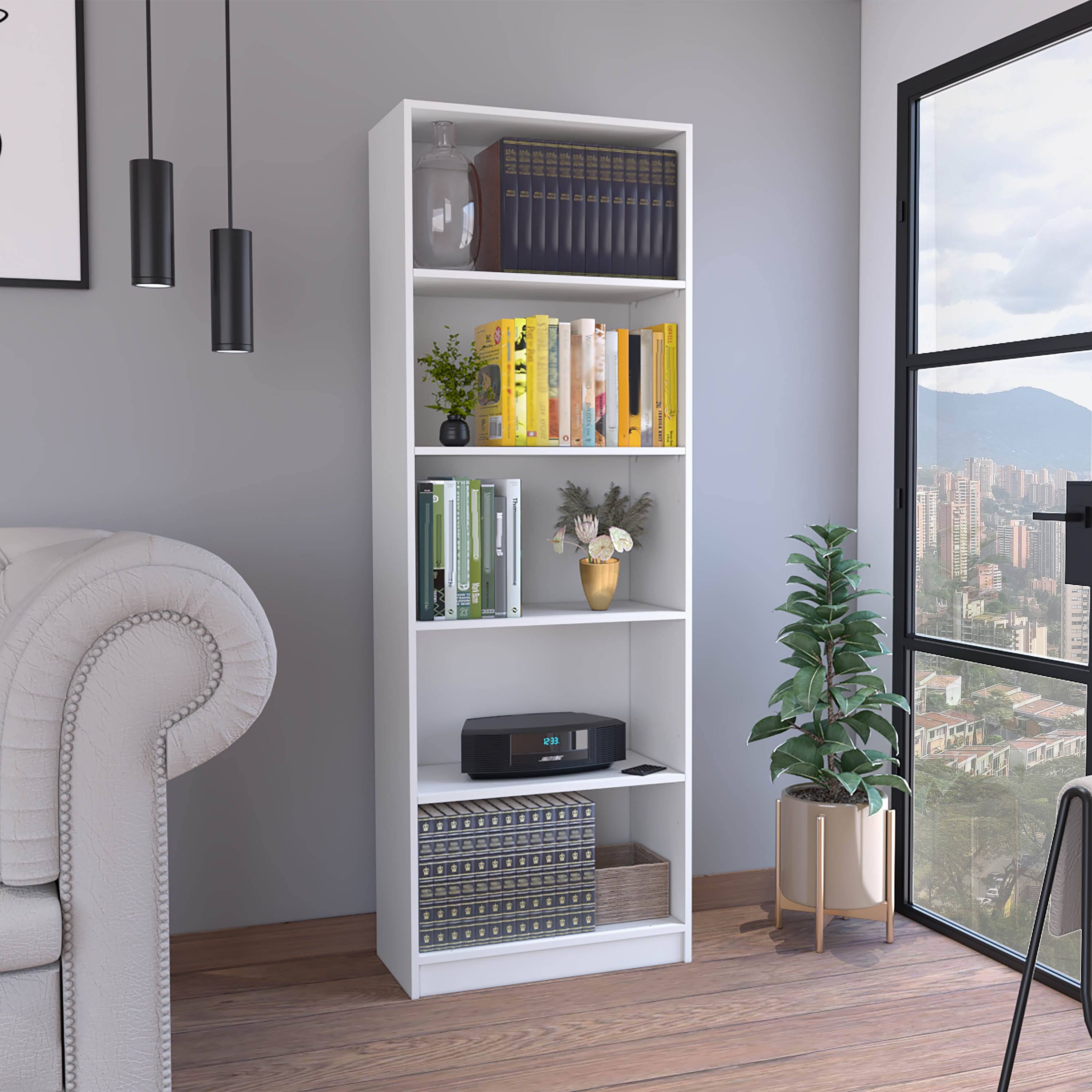 Front. Depot Eshop - Vinton 4-Tier Bookcase with Modern Storage for Books and Decor - White.