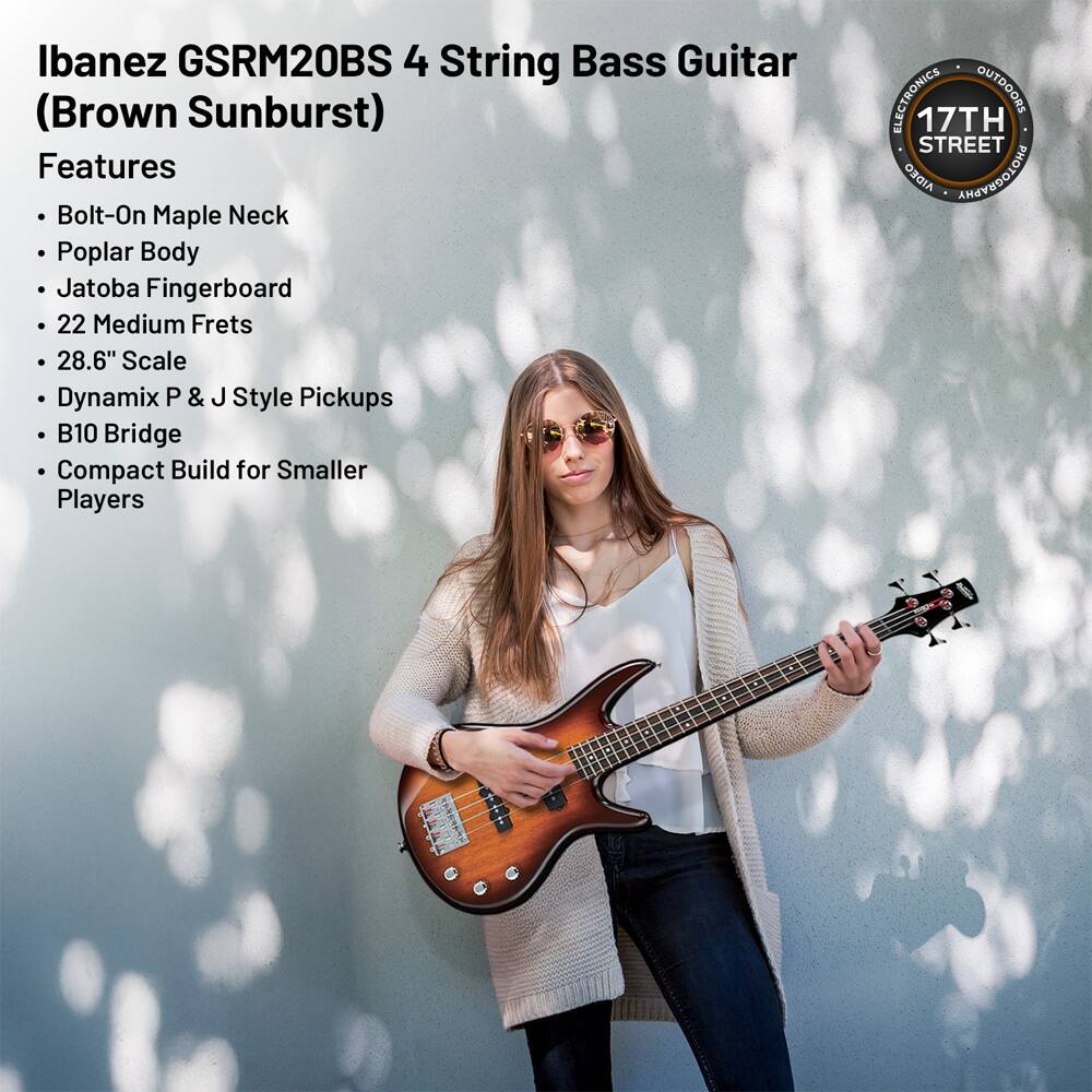 Ibanez GSRM20BS 4 String Bass Guitar (Brown Sunburst) Features Bolt-On Maple Neck Poplar Body Jatoba Fingerboard 22 Medium Frets 28.6" Scale Dynamix P & J Style Pickups B10 Bridge Compact Build for Smaller Players