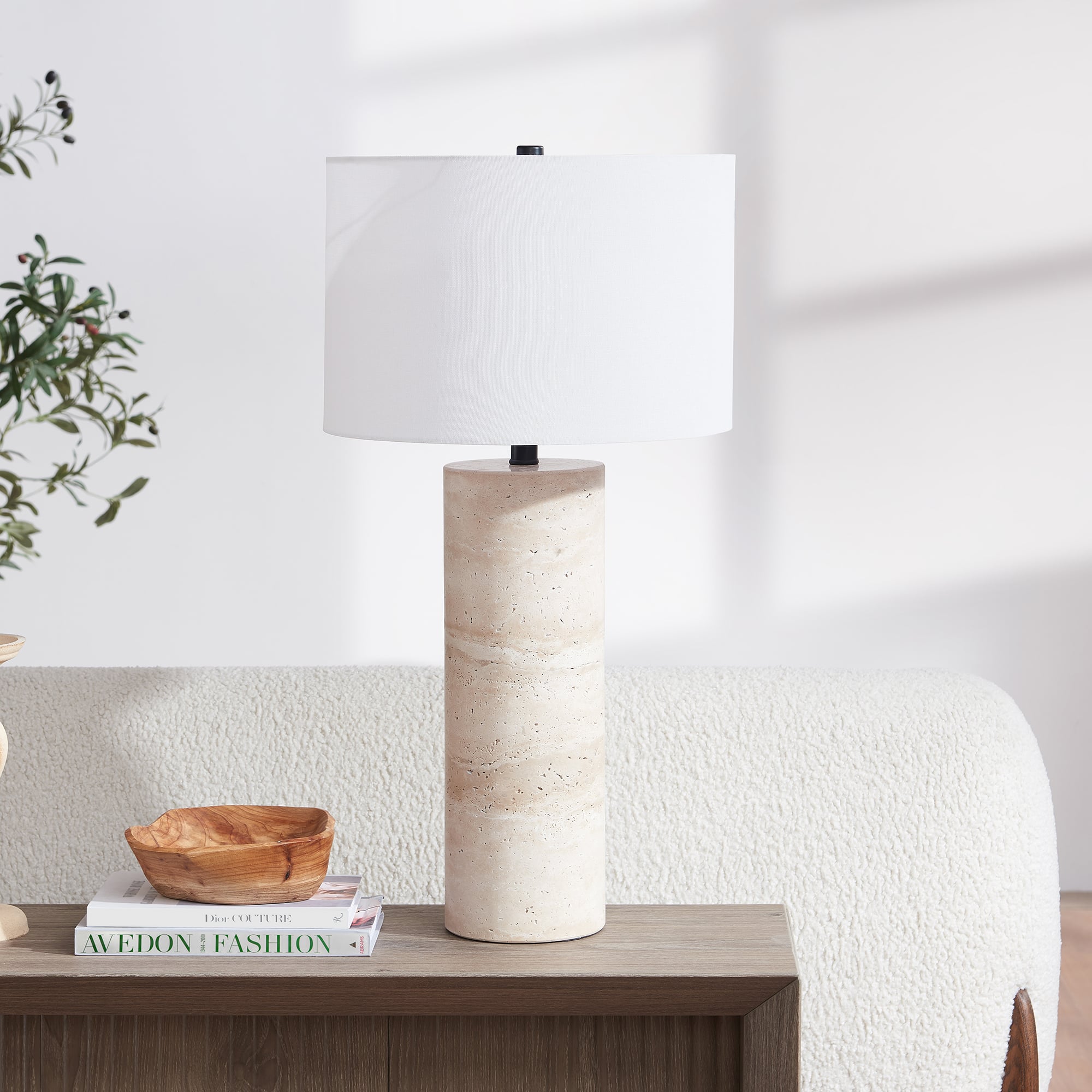 Hudson&Canal - Corbett 29" Tall Natural Travertine Stone Table Lamp with Fabric Shade